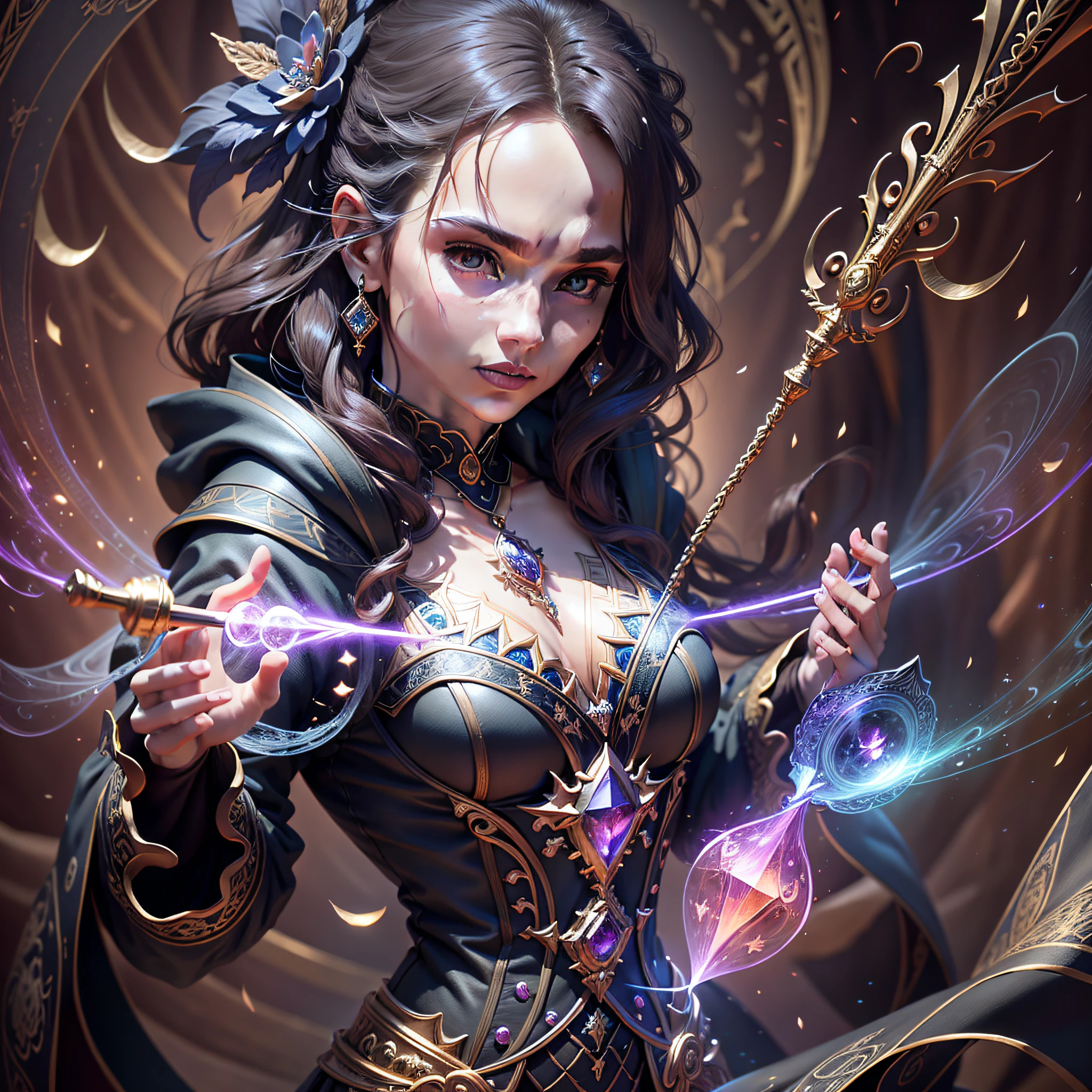 "Magical Wands": An image featuring an assortment of intricately designed magical wands, each with unique engravings and gemstone accents, representing the power and craftsmanship of witches, Ultra realism, color field printing, high detail, UHD, 8k, anatomically correct, cinematic lighting 4d quality --auto --s2