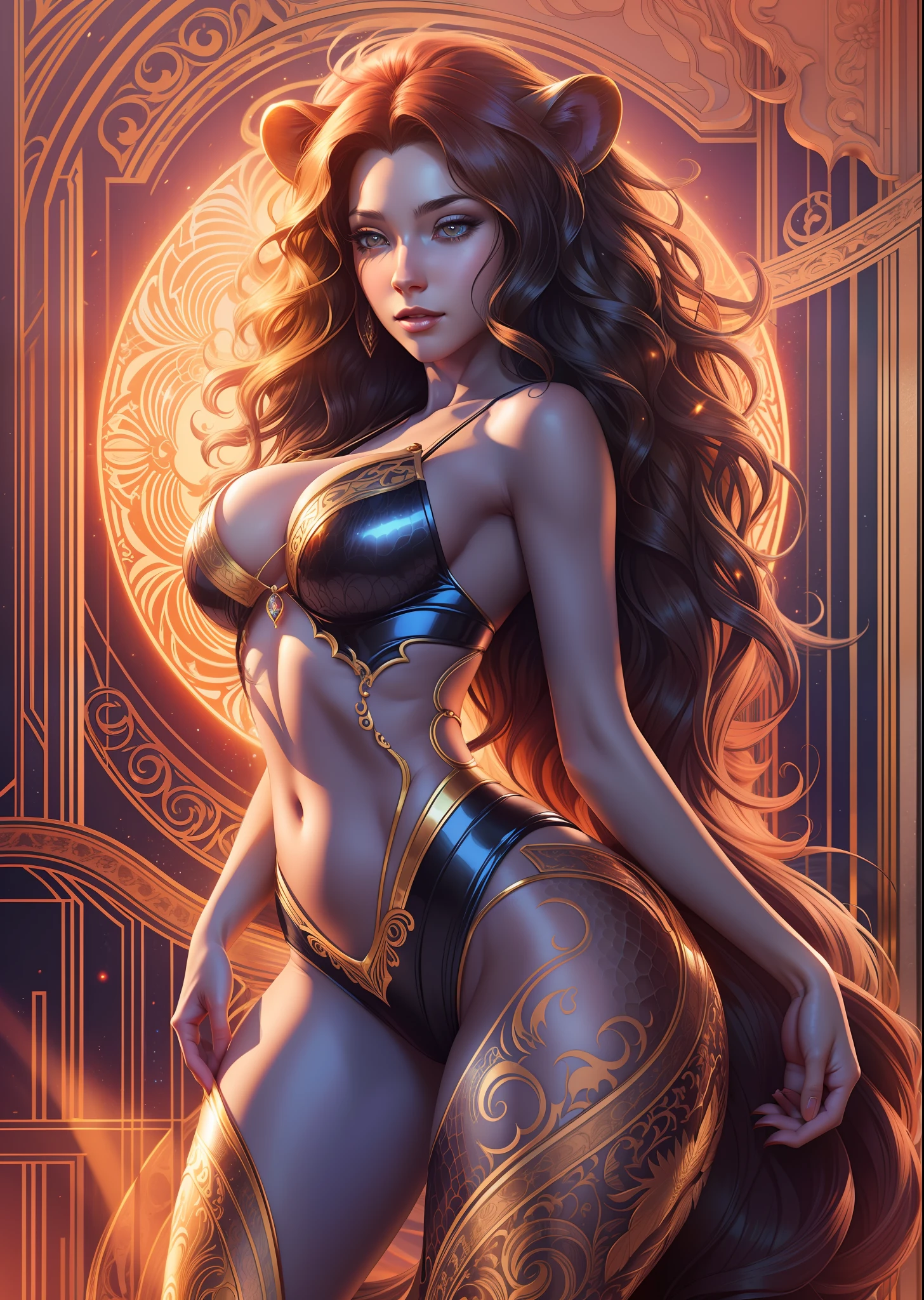 sensual elegant lady, wearing a beautiful full body lion fantasy, with a lion, black wavy hair, honey eyes, brunette, colorful, sun rays, portrait, close up, 8k, DSRL, cinematic, hot colors, nice body figure, anna dittmann, high definition, intricate, 3d, hdr, "midjourney quality", sharped, intricate, fantasy, WLOP, illustration