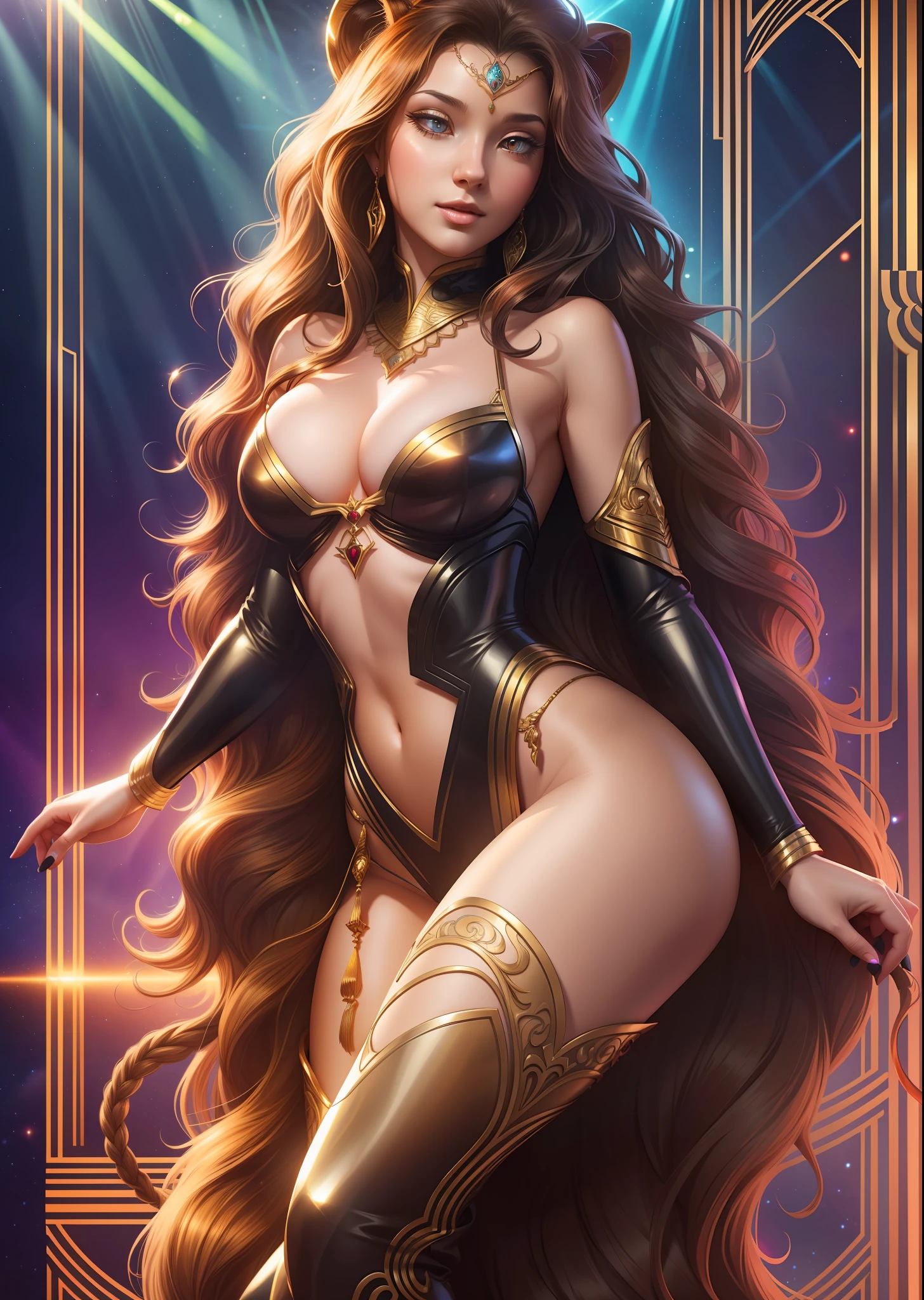 sensual elegant lady, wearing a beautiful full body lion fantasy, with a lion, black wavy hair, honey eyes, brunette, colorful, sun rays, portrait, close up, 8k, DSRL, cinematic, hot colors, nice body figure, anna dittmann, high definition, intricate, 3d, hdr, "midjourney quality", sharped, intricate, fantasy, WLOP, illustration