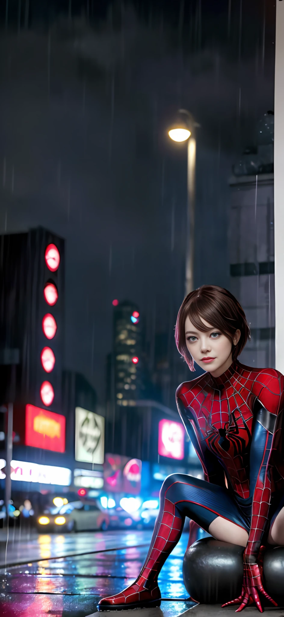 (64K, UHD, top quality, masterpiece:1.2), (realistic, photo-realistic:1.37), super detailed, Emma Stone in a spiderman suit a spider in the rain, symbiote, miles morales!!!, toxic, poison symbiote, spiderman futuristic style, miles morales, venom dunking on spiderman, venom, spawn, cute, solo, beautiful sky detail, detailed cafe, night, sitting, dating, (nose blushing), (smile:1.15 ), hot Emma Stone with big boobs in public best quality, eye detail beautiful, (spiderman costume mini skirt:1.1), night, wet, rain, (short hair:1.2), floating hair
