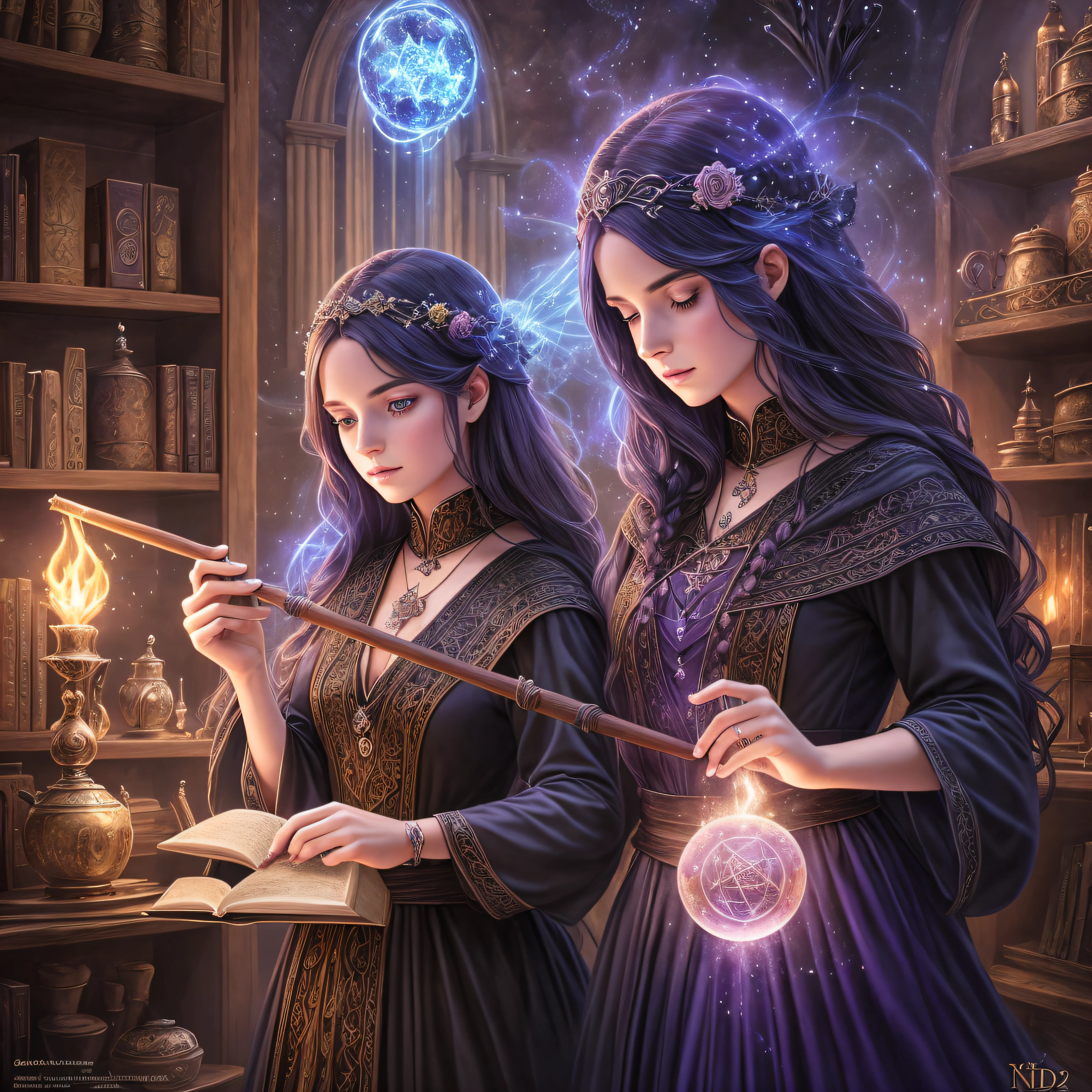 "Spellbinding Sisters": An enchanting illustration showcasing a group of witches standing together, each with their unique brooms, cauldrons, and spell books, creating a captivating and magical scene, Ultra realism, color field printing, high detail, UHD, 8k, anatomically correct, cinematic lighting 4d quality --auto --s2