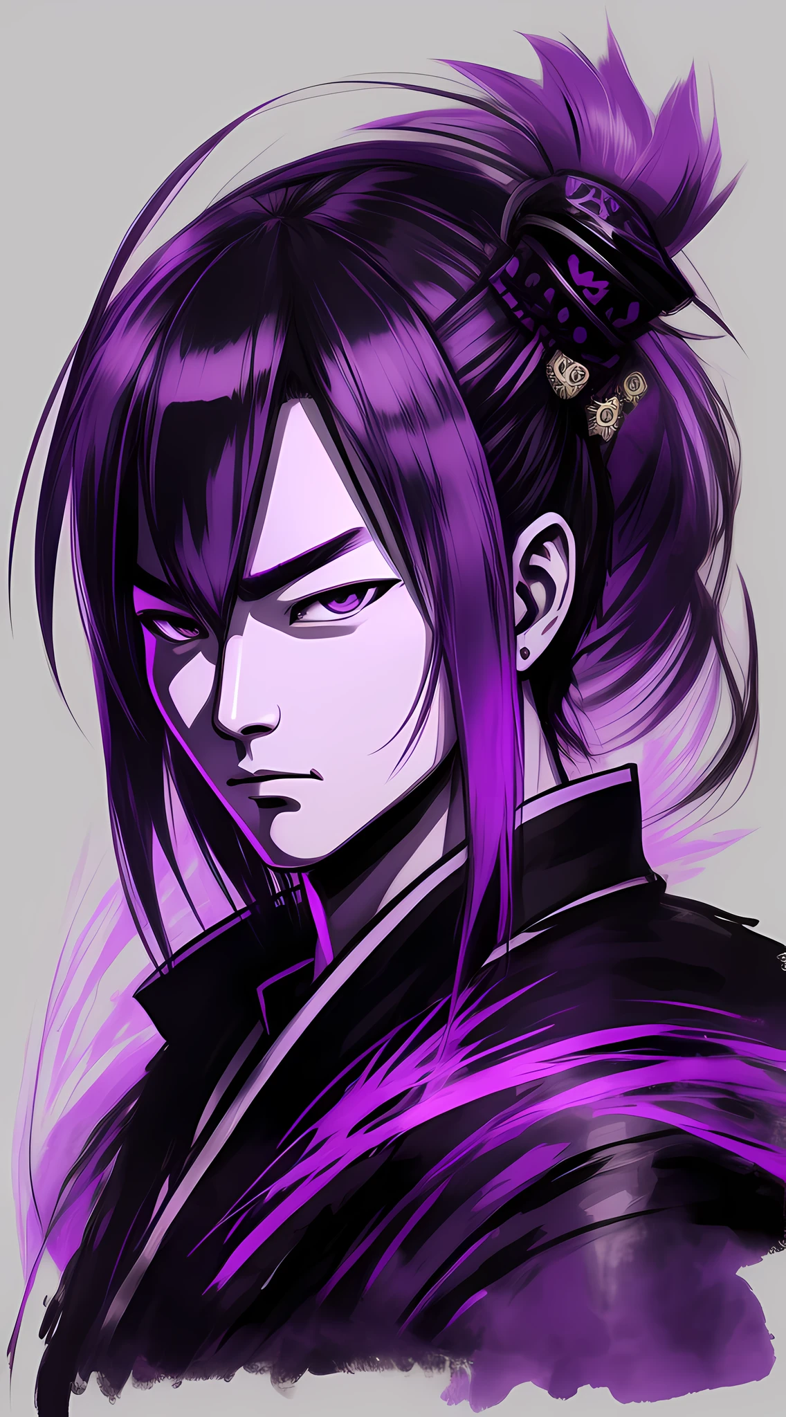 Samurai shadow, sketch, shades of black and purple