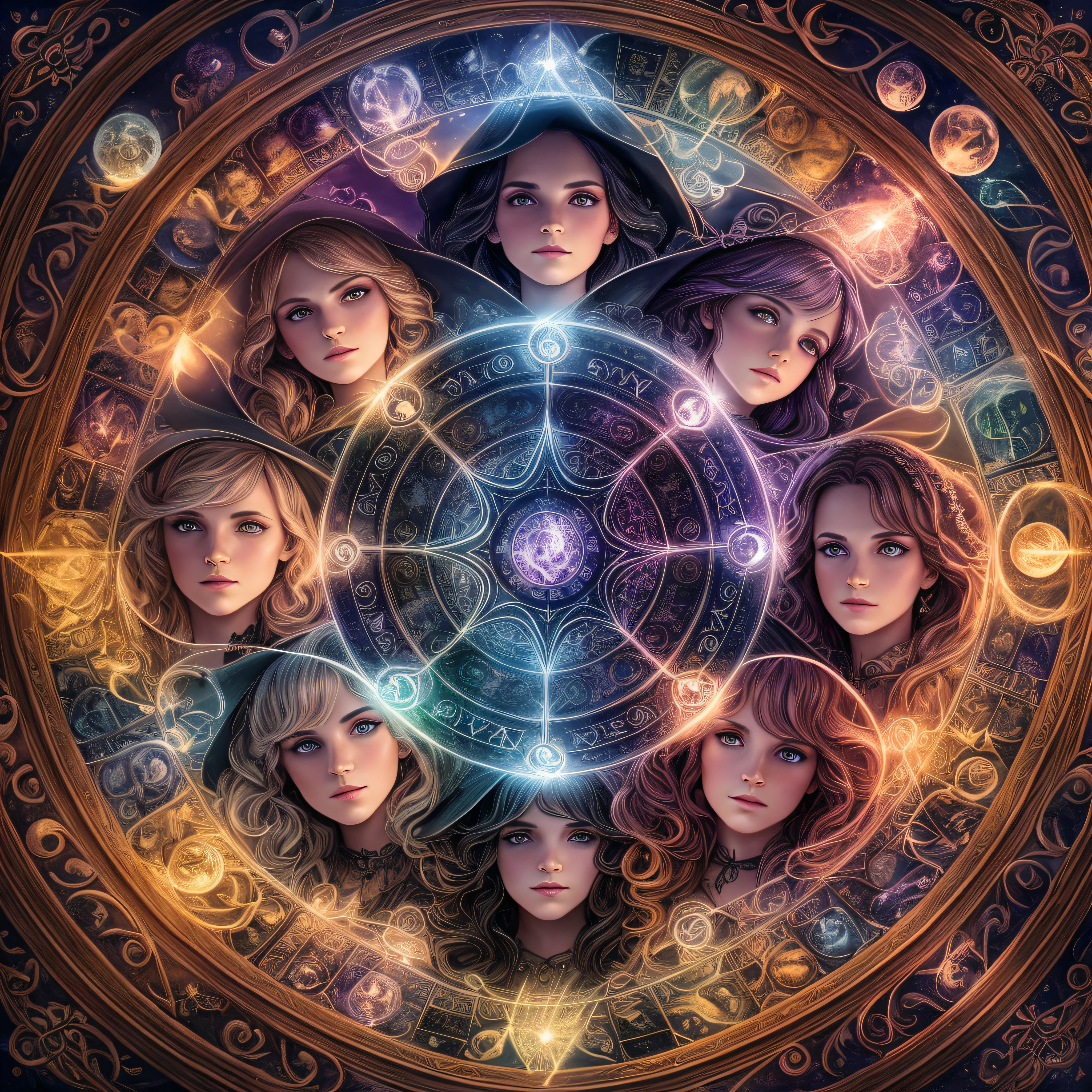 "Spellbinding Sisters": An enchanting illustration showcasing a group of witches standing together, each with their unique brooms, cauldrons, and spell books, creating a captivating and magical scene, Ultra realism, color field printing, high detail, UHD, 8k, anatomically correct, cinematic lighting 4d quality --auto --s2