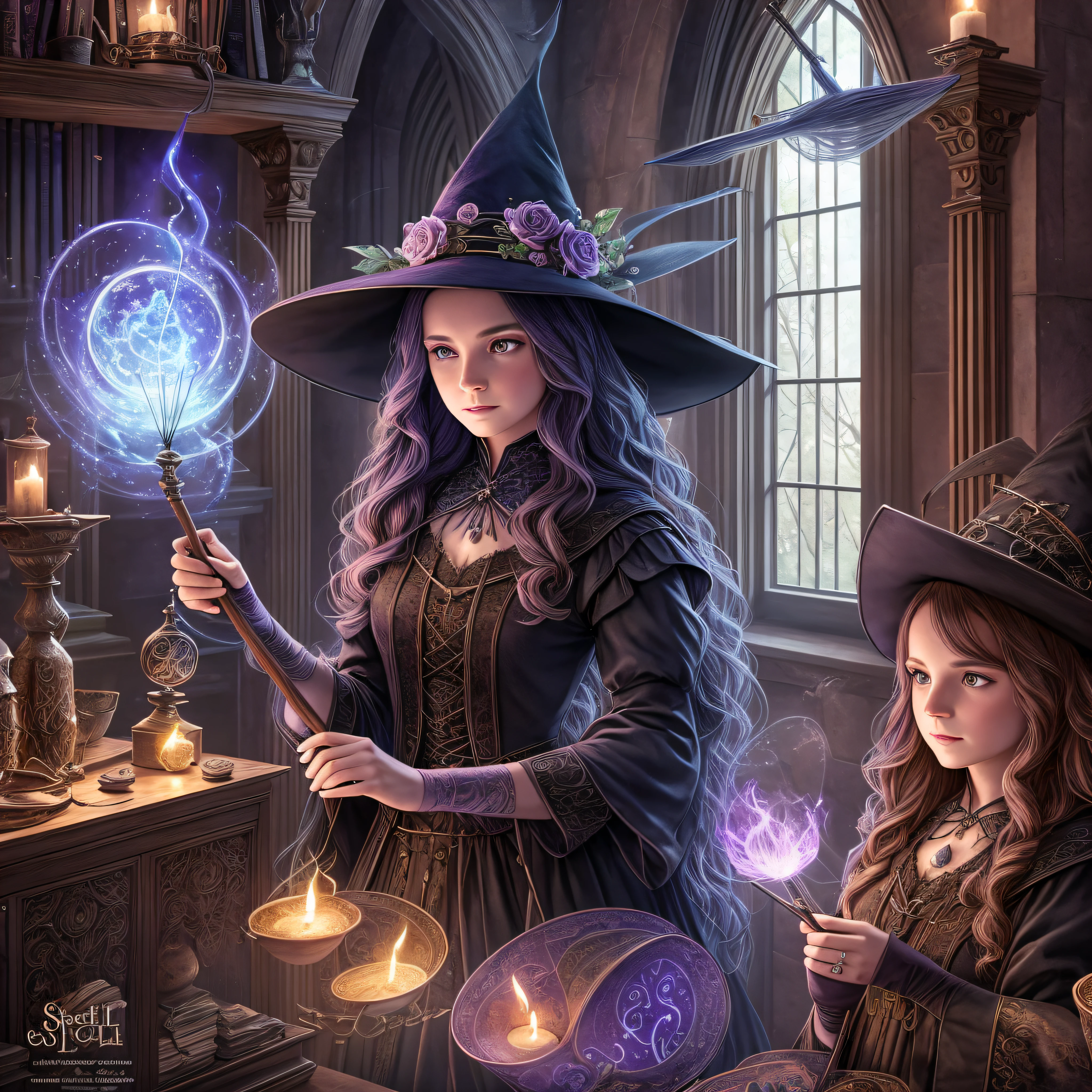 "Spellbinding Sisters": An enchanting illustration showcasing a group of witches standing together, each with their unique brooms, cauldrons, and spell books, creating a captivating and magical scene, Ultra realism, color field printing, high detail, UHD, 8k, anatomically correct, cinematic lighting 4d quality --auto --s2