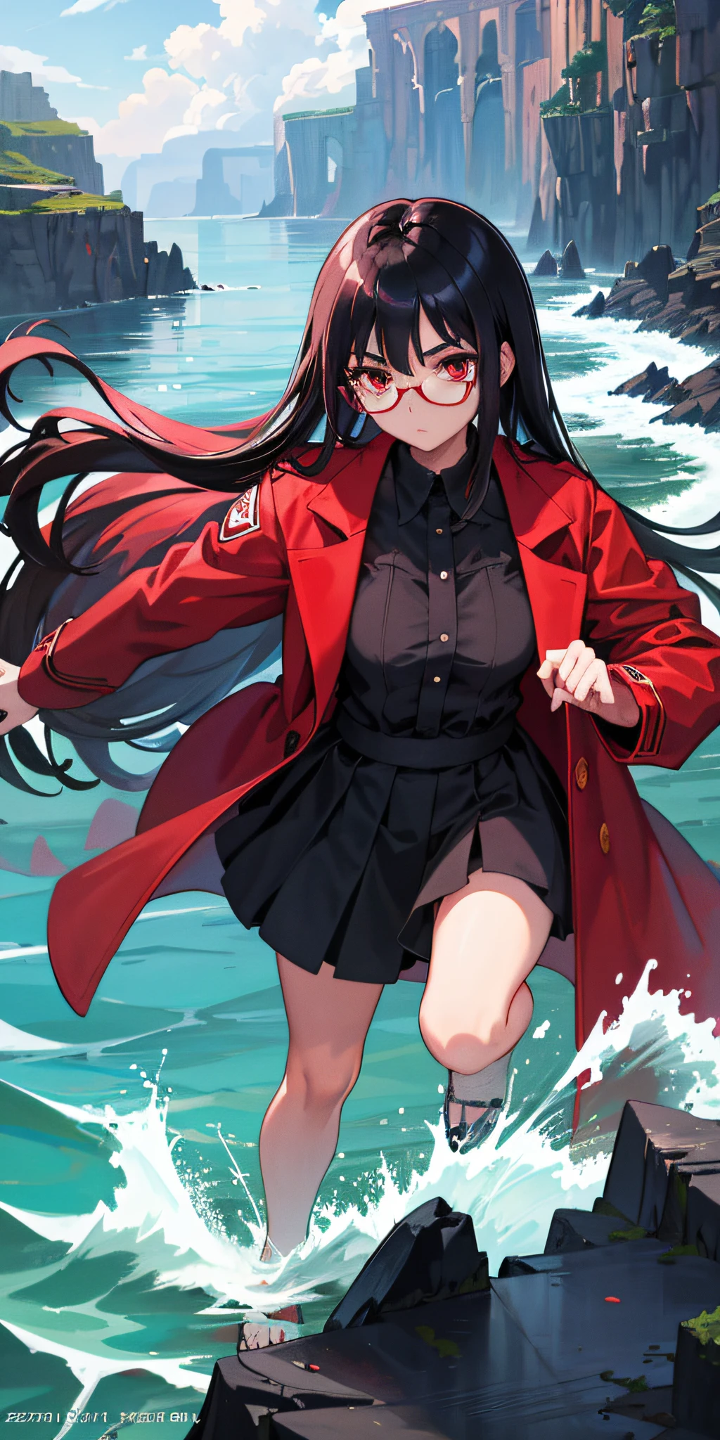 (masterpiece, best quality), 1girl, long black hair, serious, glasses, red eyes, long red coat, water, cliff