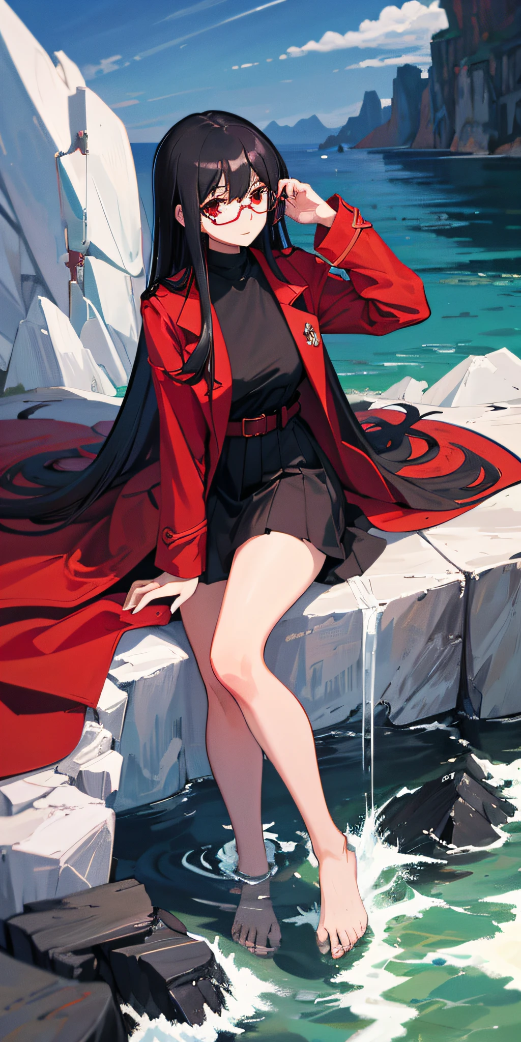 (masterpiece, best quality), 1girl, long black hair, serious, glasses, red eyes, long red coat, water, cliff