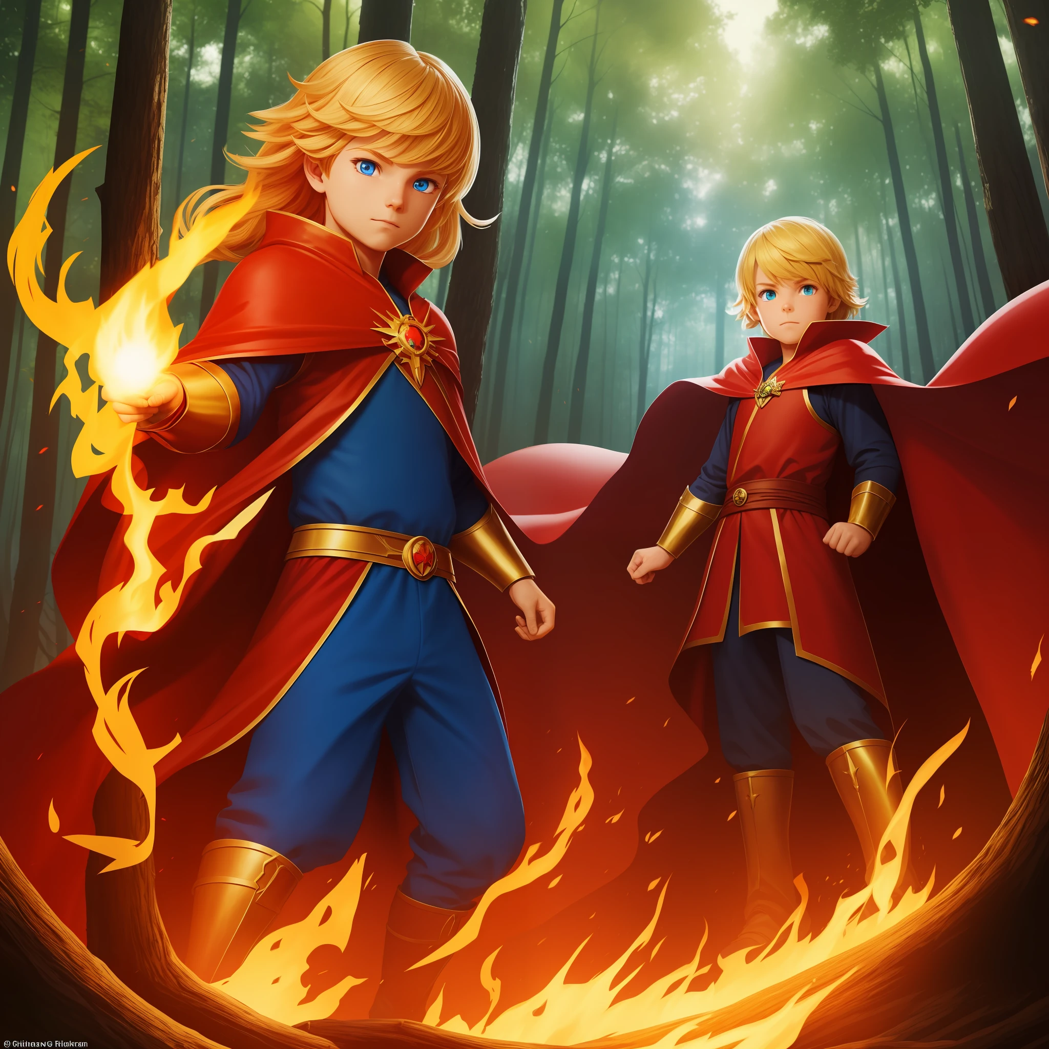 Hero-type character,in altar quality with red cape,blonde hair,blue eye,for children's book story with title The Little Hero of the Toy Kingdom(in a forest)large trees (fighting with a green dragon fire termite by the mouth