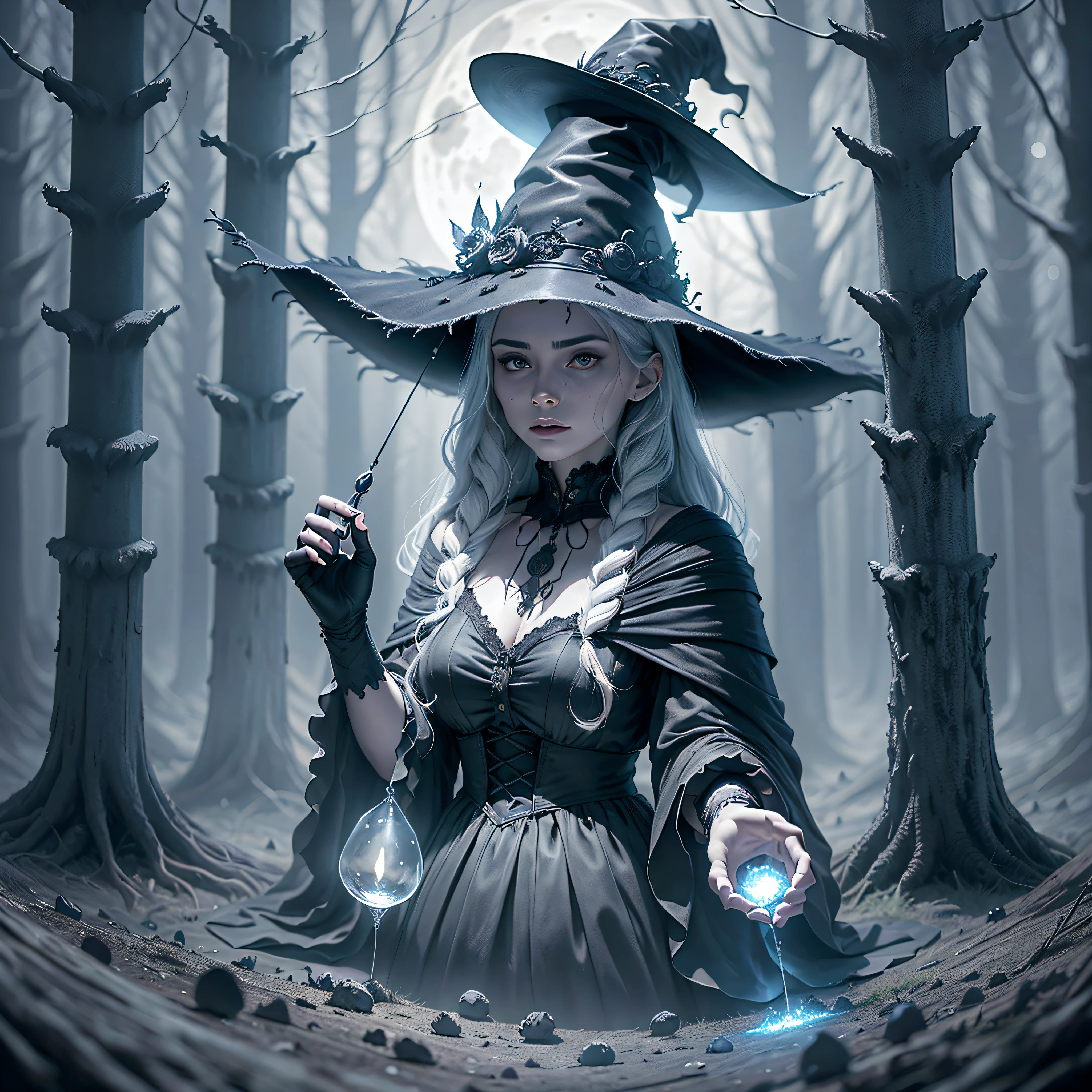 "Witchy Coven": A dark and atmospheric image showcasing a coven of witches gathered in a moonlit forest, surrounded by swirling mist and casting spells under the watchful eye of a glowing full moon, Ultra realism, color field printing, high detail, UHD, 8k, anatomically correct, cinematic lighting 4d quality --auto --s2