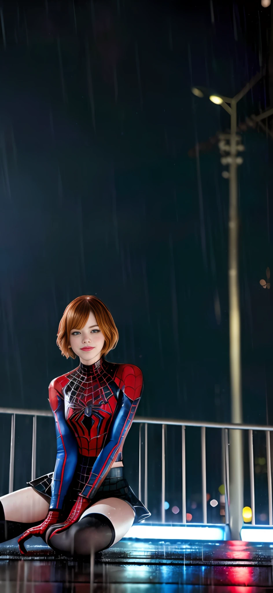 (64K, UHD, top quality, masterpiece:1.2), (realistic, photo-realistic:1.37), super detailed, Emma Stone in a spiderman suit a spider in the rain, symbiote, miles morales!!!, toxic, poison symbiote, spiderman futuristic style, miles morales, venom dunking on spiderman, venom, spawn, cute, solo, beautiful sky detail, detailed cafe, night, sitting, dating, (nose blushing), (smile:1.15 ), hot Emma Stone with big boobs in public best quality, eye detail beautiful, (spiderman costume mini skirt:1.1), night, wet, rain, (short hair:1.2), floating hair