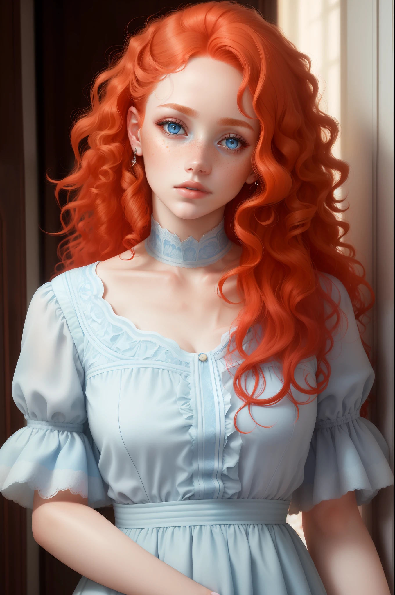 Aesthetic art, a woman, light red hair, blue eyes, curly hair, freckles on both cheeks, full lips, sympathetic look, fair skin, blue dresses, small construction,
