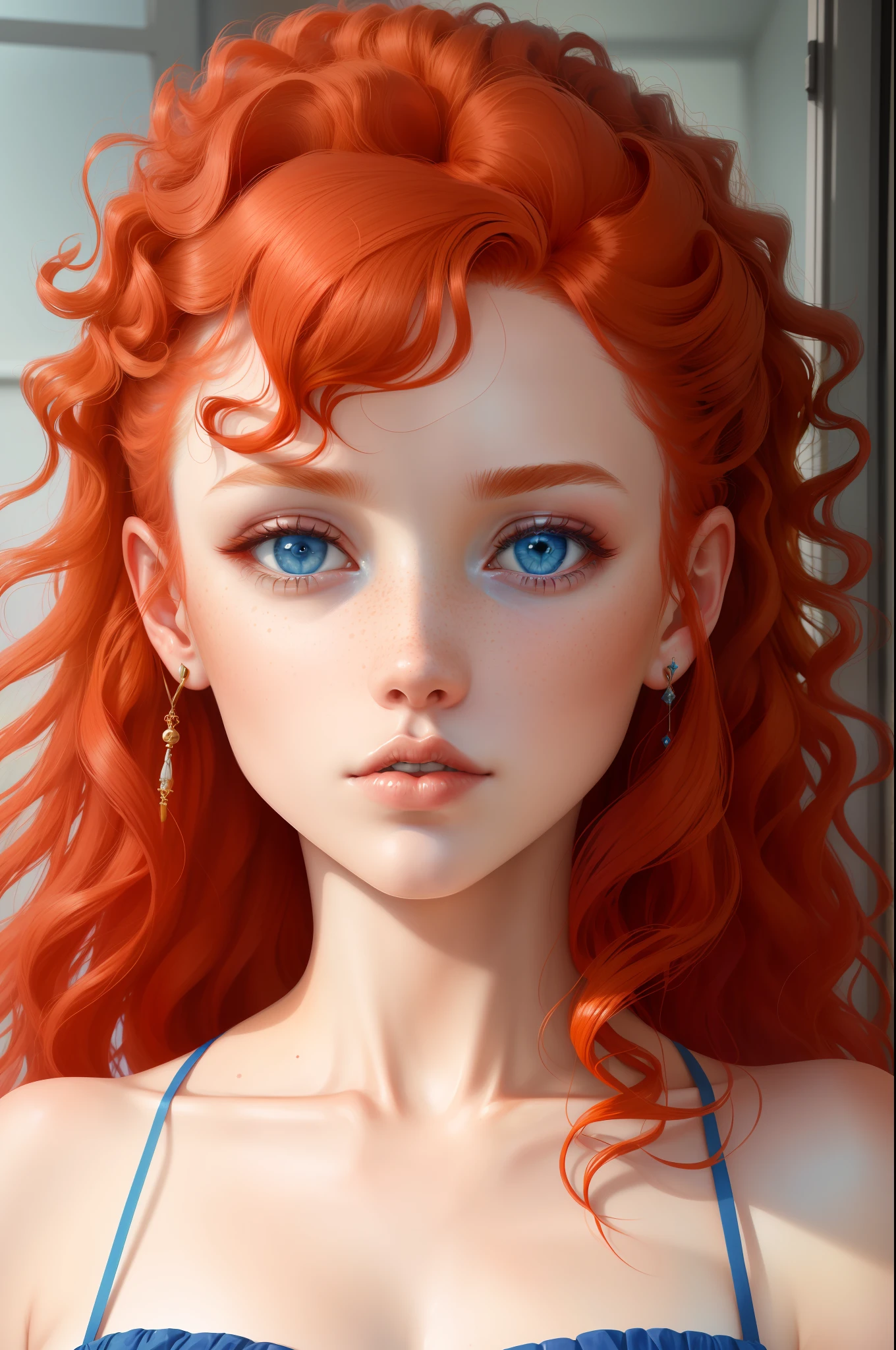 Aesthetic art, a woman, light red hair, blue eyes, curly hair, freckles on both cheeks, full lips, sympathetic look, fair skin, blue dresses, small construction,