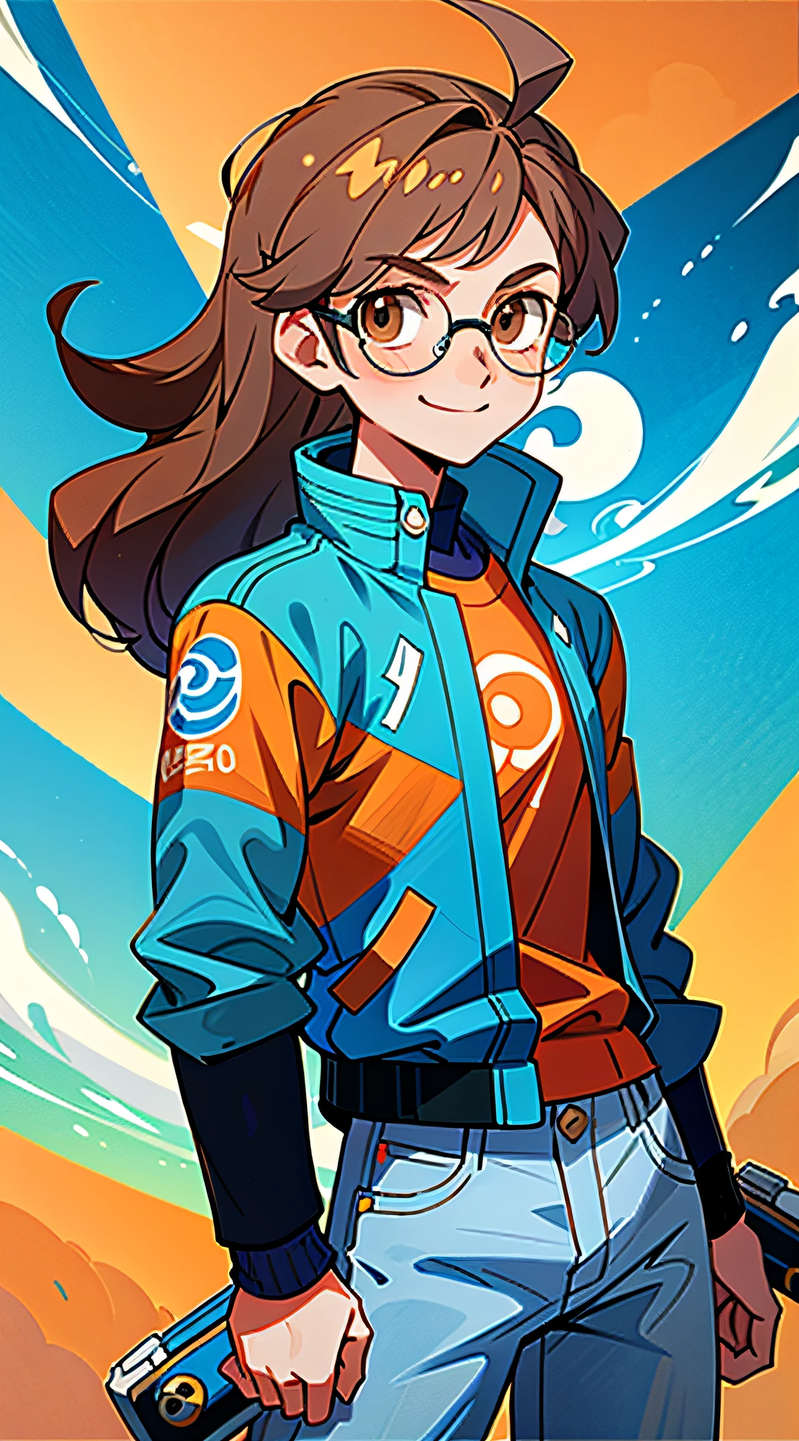 (best quality, masterpiece), 1boy,gary of Pokémon, wearing blue glasses, mist, (cartoon: 1.5), jacket, jeans, avatar style, smiling, orange and blue elements, long and light brown vabelo, 30 years, long hair, brown eyes, brown eyes, honkai star rail luocha, celebrating with flexed arms