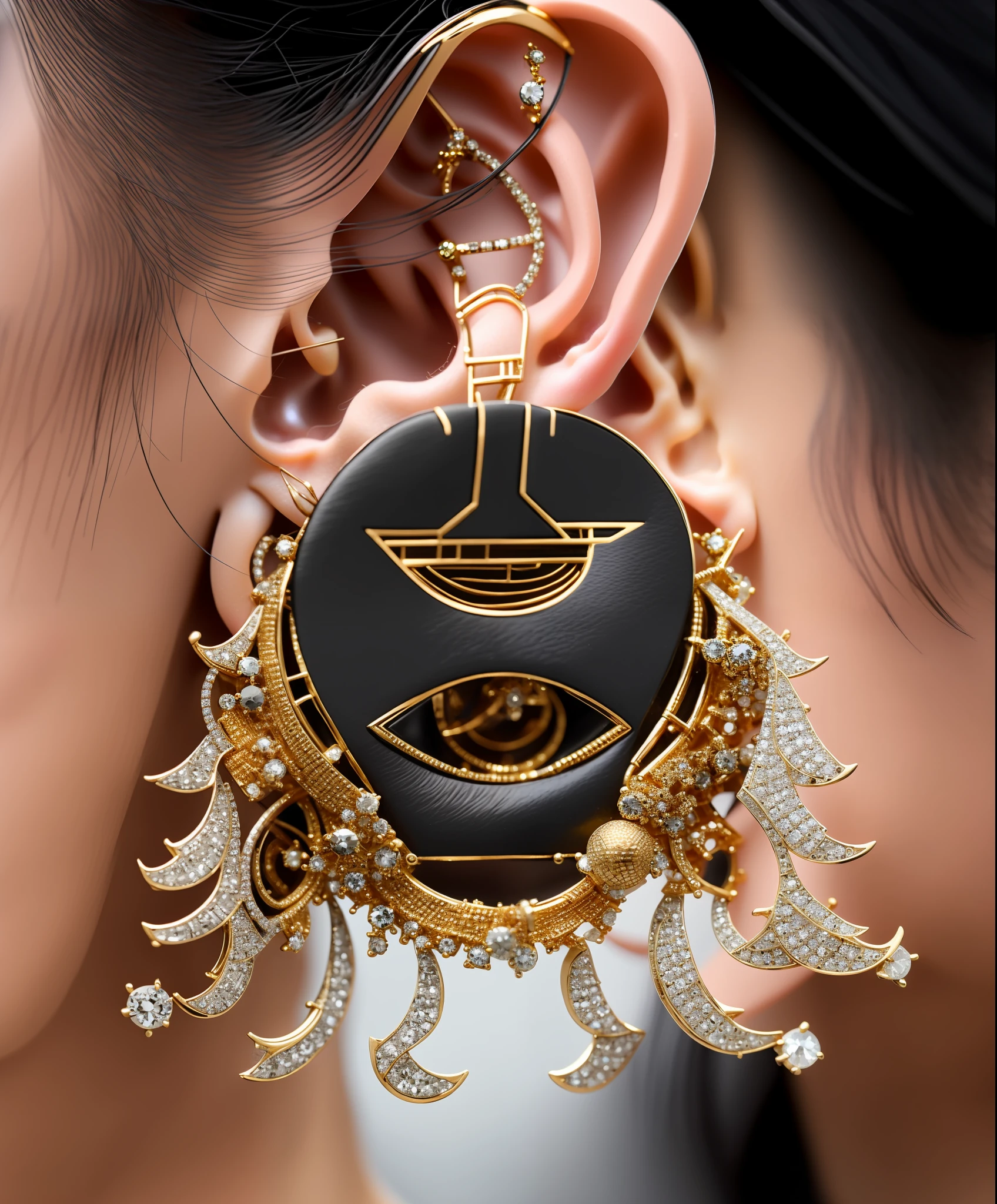 a close up of a woman wearing a black and gold earring, by Hedi Xandt, inspired by Hedi Xandt, closeup portrait shot, sci - fi jewellery, ultra intricate, giant earrings, super intricate jewelry, intricate futuristic jewelry, close up shot of an amulet, closeup shot, detailed futuristic jewelry, side view intricate details, super detailed