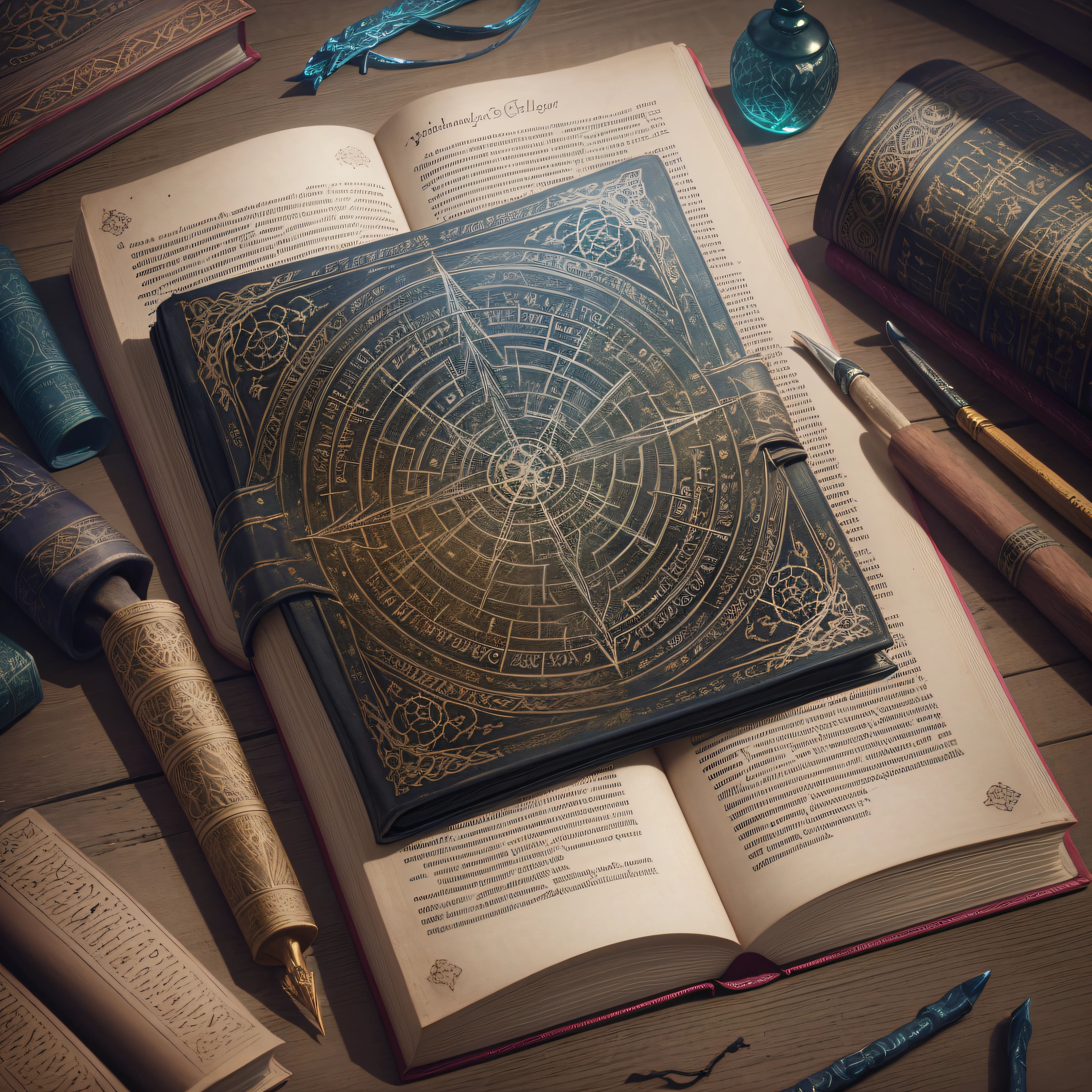 "Book of Shadows": A close-up image of a weathered and ancient-looking spell book, with intricate symbols, handwritten text, and mystical illustrations, symbolizing the knowledge and secrets of witches, Ultra realism, color field printing, high detail, UHD, 8k, anatomically correct, cinematic lighting 4d quality --auto --s2