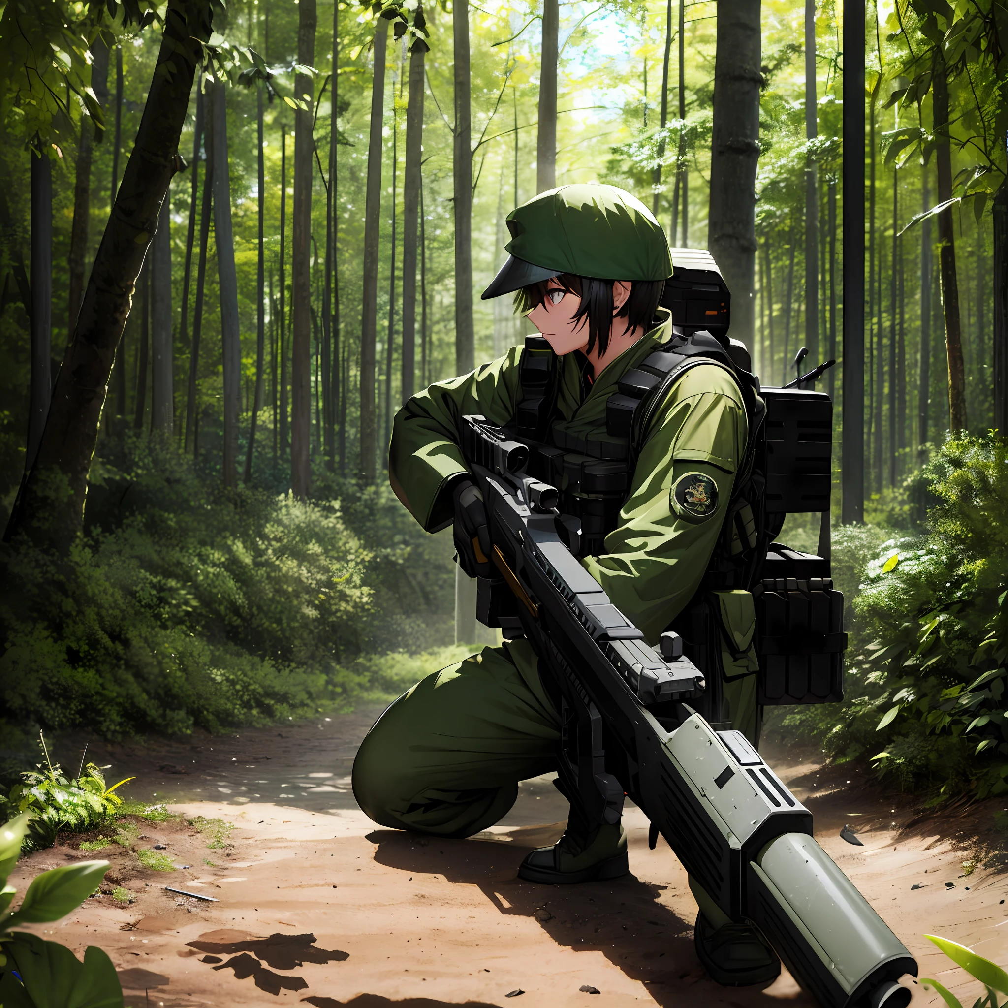 Oozora Subaru with a detailed military suit of the Japanese army Grabbing a large caliber weapon also detailed visualizing your environment in a forest or jungle Camouflaged ready to annihilate your opponent at any time and when necessary that everything else is 4k and hyperrealistic fully detailed