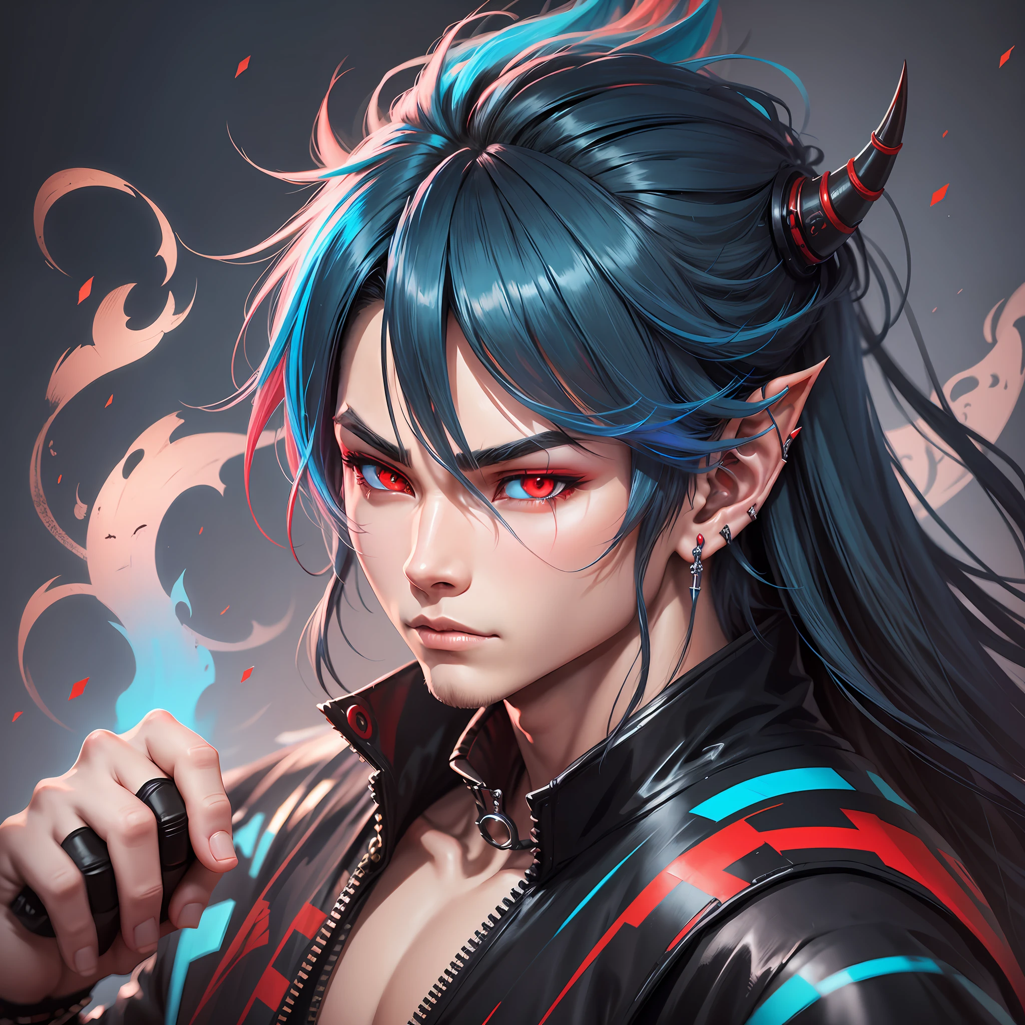 Stylized, Oni boy, boy focus, dark cyan long hair, red eyes, martial artist, piercing, anime style, male earring, teenager