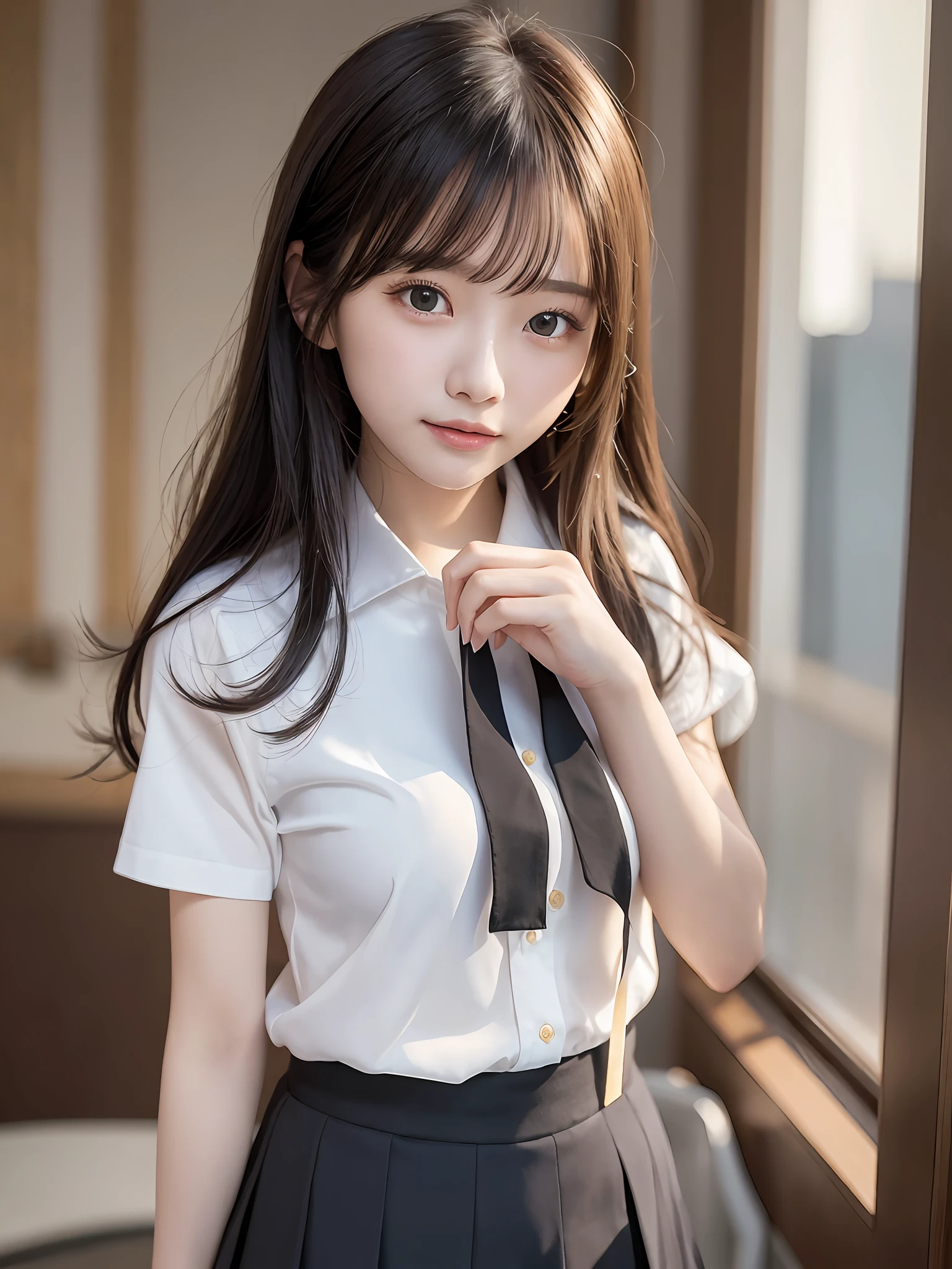 Masterpiece, top quality, official art, highly detailed CG Unity 8K wallpaper, like a girl, very delicate and beautiful, ultra high resolution, (photorealistic: 1.4), golden hour lighting, (upper body), (platinum shorthair: 0.8), (puffy eyes), looking at the viewer, facing the front, smiling, JK skirt, white dress, Shirt Lift Long Black Hair