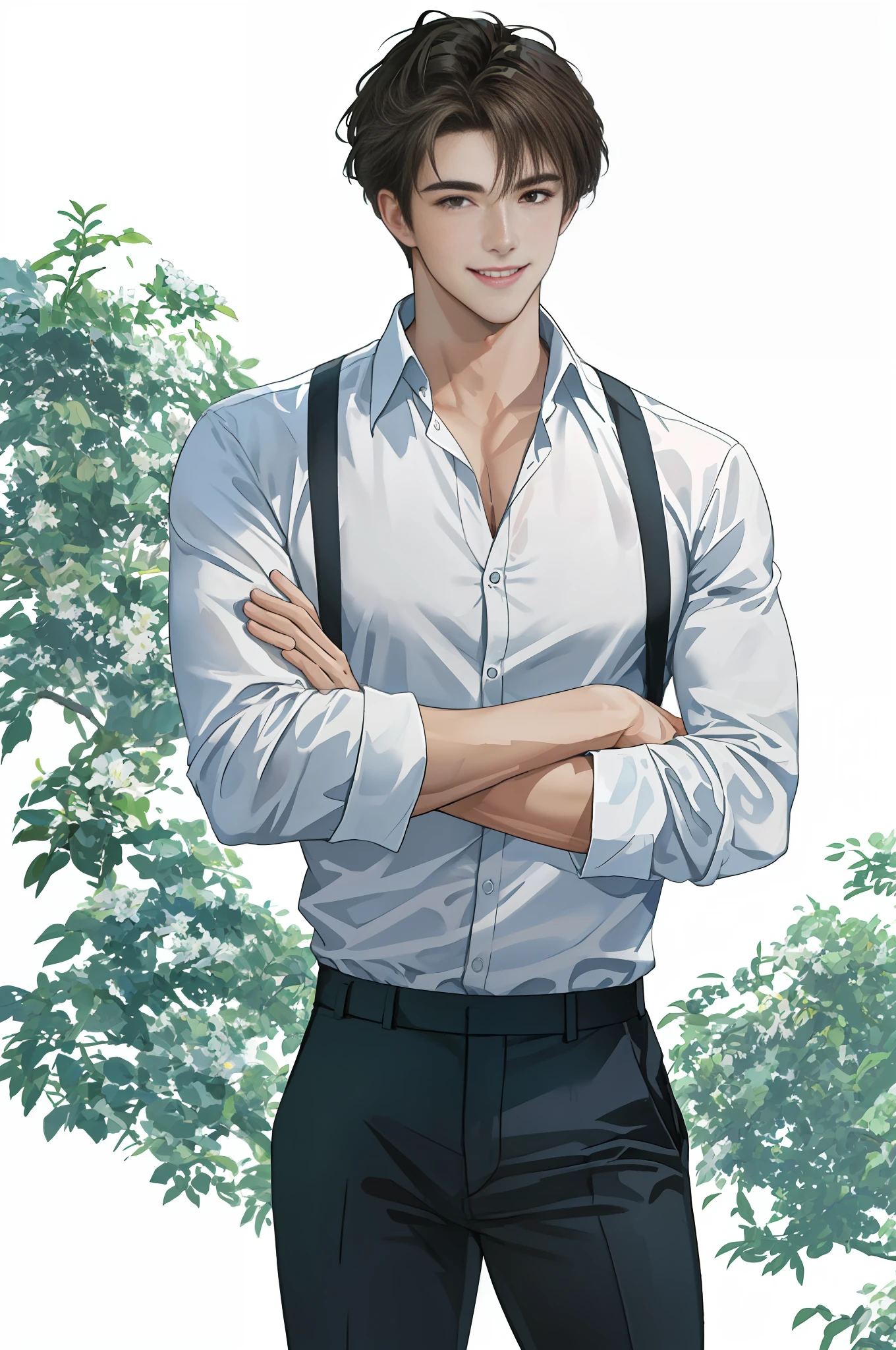 Handsome, 1 male, beautiful, masterpiece, best quality, man, crossed arms, smiling, white shirt, black pants, plain white background