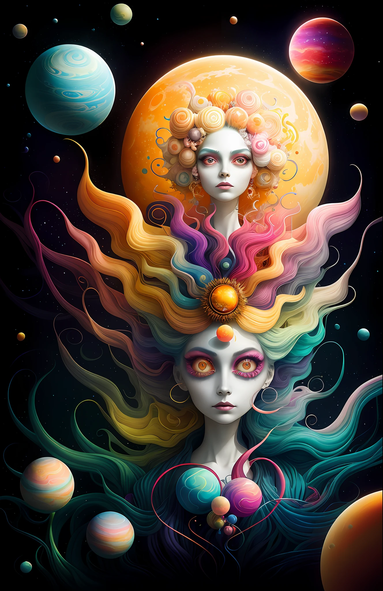 colorpop style, photo photo portrait of the sun surrounded by orbiting planetary moons, blonde pointy hair, natalie shau, mark ryden, alberto seveso, brooke shaden, anna dittmann, flora borsi, 8k resolution, perfect composition, milky way, rainbow color, flying insects, scales, wings, blue, texture, complex, gorgeous, shadow, pastel colors, 3d, Highly detailed, decorated in style, Tim Burton, Dale Chihuly, Xiaolongcheng, Cyril Rolando, by J. Gigue