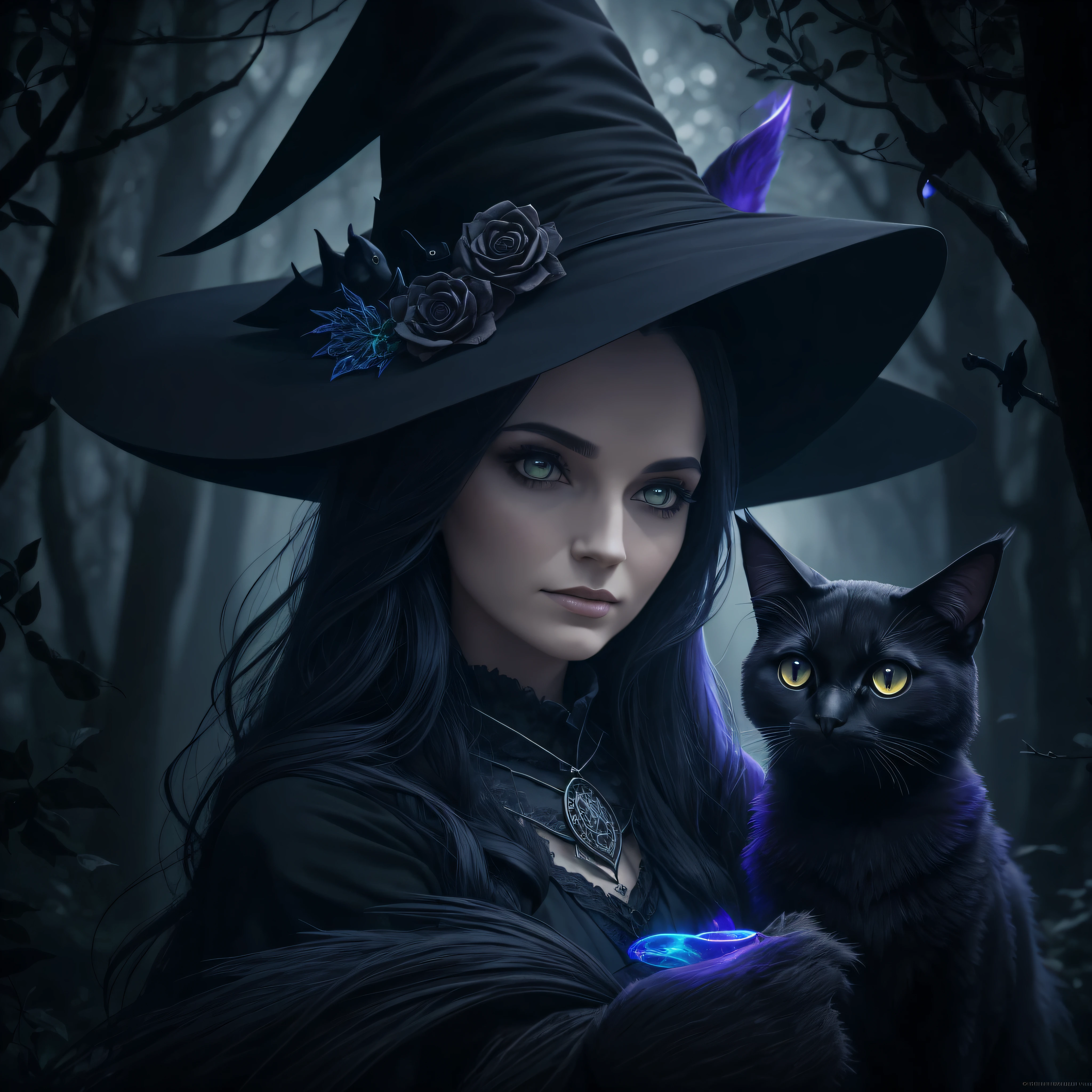 "Witch's Familiar": An image featuring a witch accompanied by her trusty familiar, such as a black cat, owl, or raven, showcasing their bond and highlighting the mystical connection between witches and their animal companions, Ultra realism, color field printing, high detail, UHD, 8k, anatomically correct, cinematic lighting 4d quality --auto --s2
