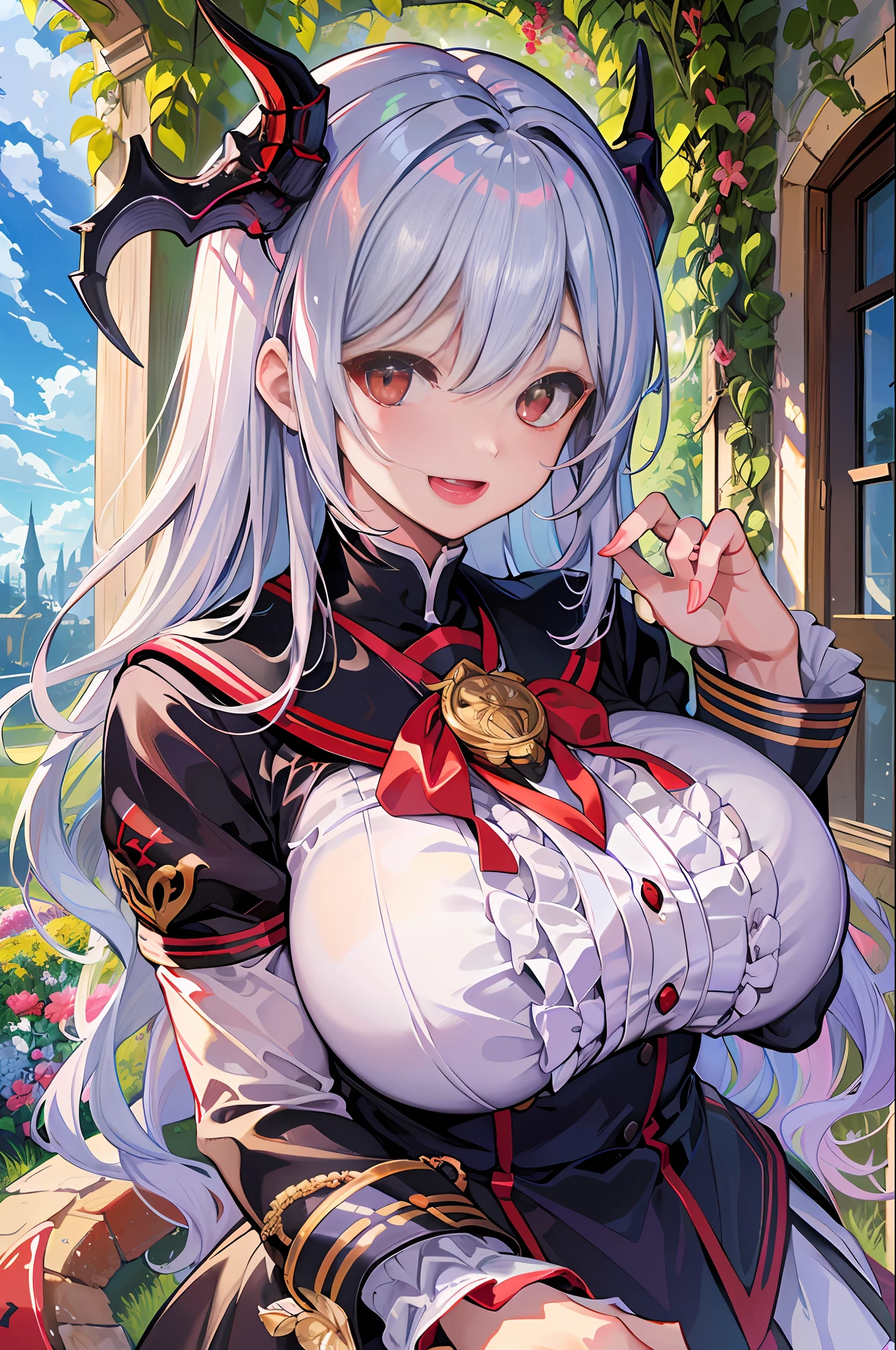 masterpiece, best quality, high_resolution, fine detail, very detailed and beautiful, distinct_image, 1 girl, solo, silver hair, red eyes, dragon horns, (huge breasts), smile,(),curvy,sailor uniform school uniform,garden landscape,blue sky,thighhigh,open mouth
