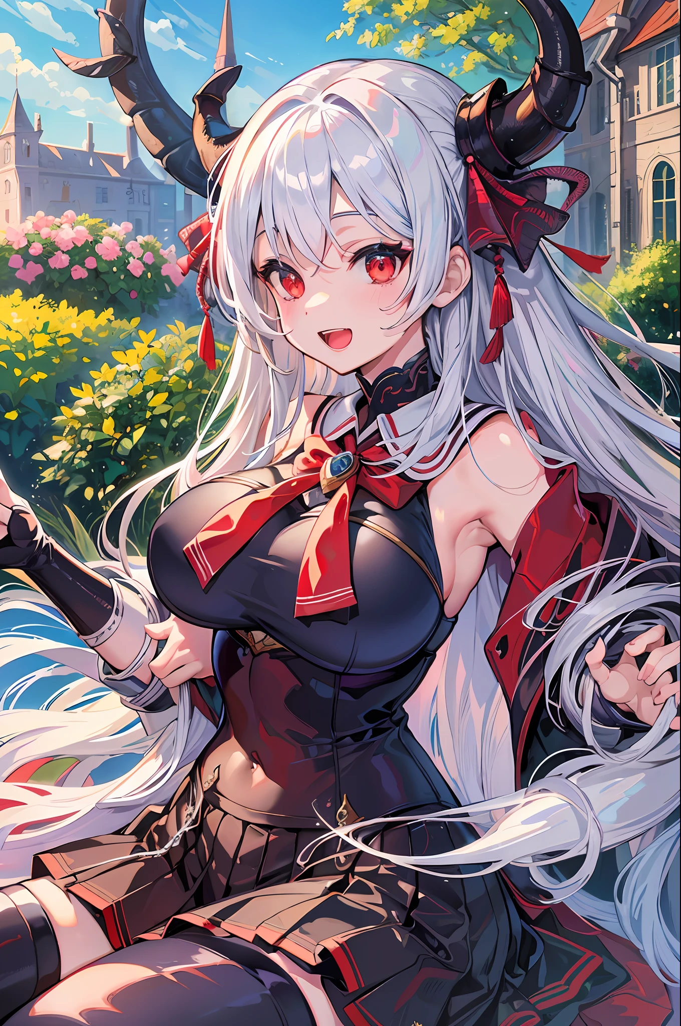 masterpiece, best quality, high_resolution, fine detail, very detailed and beautiful, distinct_image, 1 girl, solo, silver hair, red eyes, dragon horns, (huge breasts), smile,(),curvy,sailor uniform school uniform,garden landscape,blue sky,thighhigh,open mouth