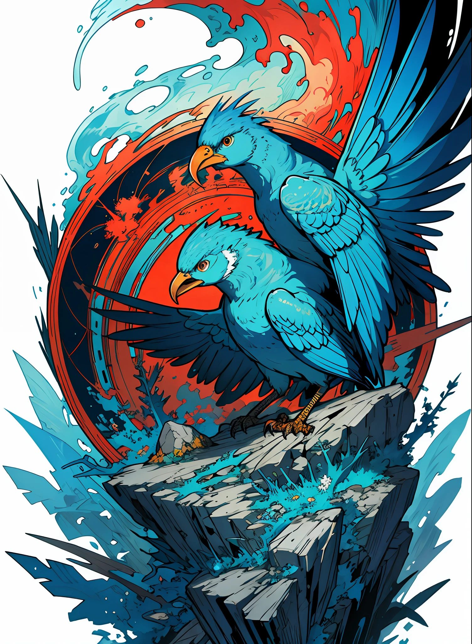 [Light blue little bird, feathers tattered and injured, crashing] Dan Mumford, Greg Lutkowski, James Jean, black background, fantasy art, mysterious, realistic, majestic, rich vivid colors, high contrast, seamless water brand, art station, devian art, dribbling, red bubble, tea public, Sharp focus, simple, hyper detail, detailed drawing, vectorization, outline, isometric style, 8k.