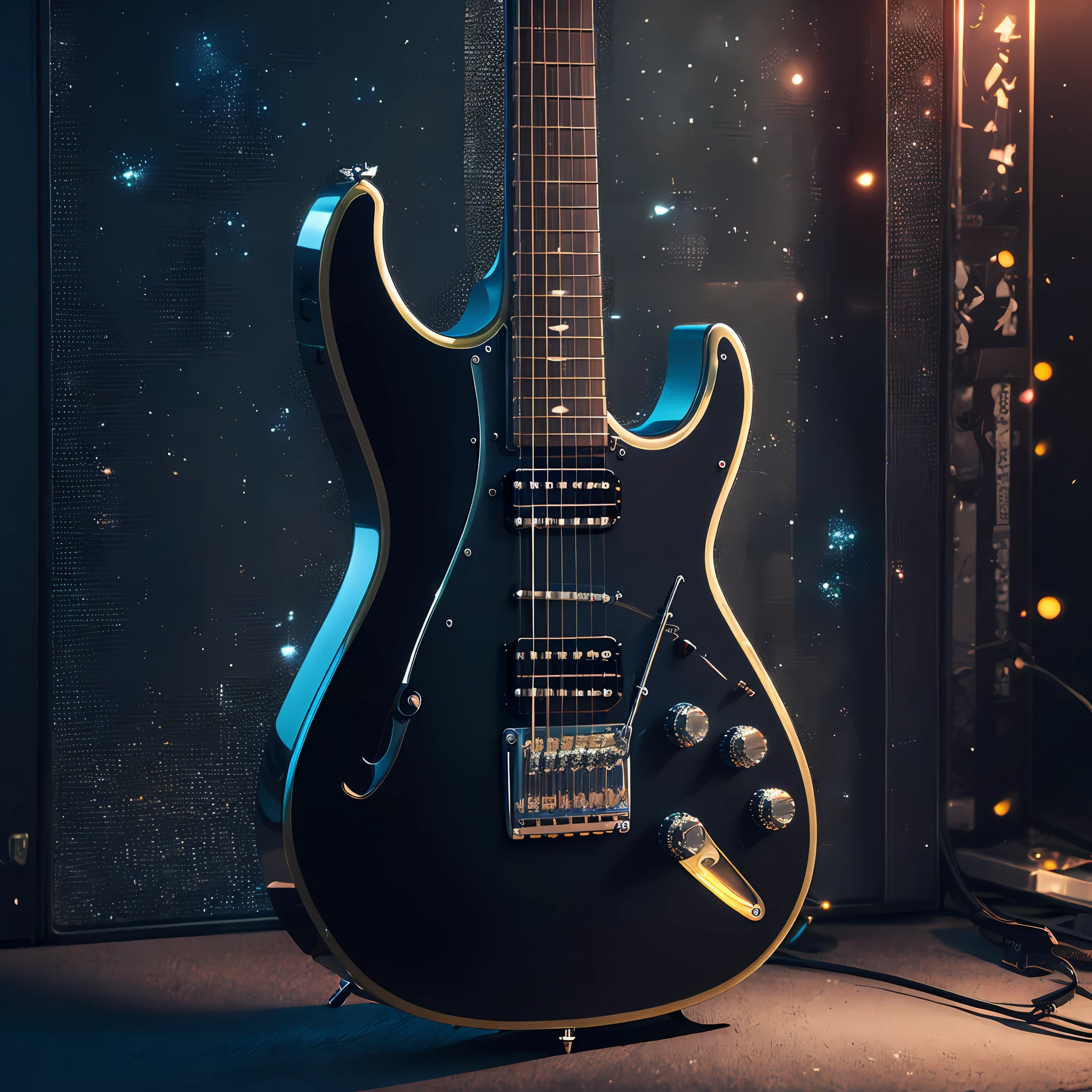 product photography of a cybepunk guitar, epic rendering, octane, atmosphere, particles, soft volumetric lights, (backlit: 1.3), (cinematics: 1.3), intricate details, (ArtStation: 1.3)