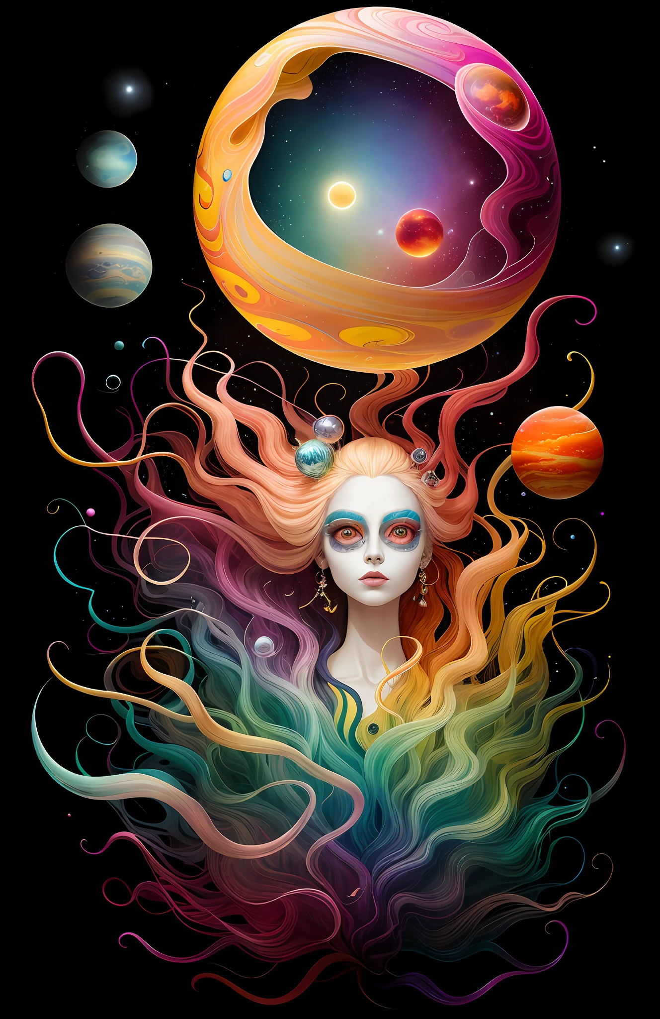 colorpop style, photo photo portrait of the sun surrounded by orbiting planetary moons, blonde pointy hair, natalie shau, mark ryden, alberto seveso, brooke shaden, anna dittmann, flora borsi, 8k resolution, perfect composition, milky way, rainbow color, flying insects, scales, wings, blue, texture, complex, gorgeous, shadow, pastel colors, 3d, Highly detailed, decorated in style, Tim Burton, Dale Chihuly, Xiaolongcheng, Cyril Rolando, by J. Gigue