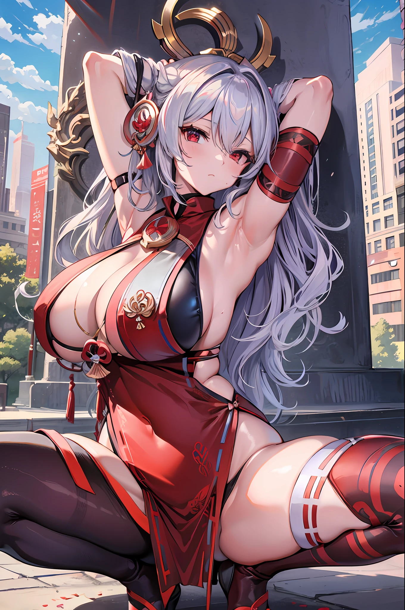 masterpiece, best quality, high_resolution, fine details, very detailed and beautiful, distinct_image, 1 girl, solo, silver-haired, red eyes, dragon horns, (huge breasts), (),shrine,squatting,arms behind head,, {spread legs}, bow-leggedness, Crab crotch,curvy, outdoor,long slit,blue sky,((miko costume)),
