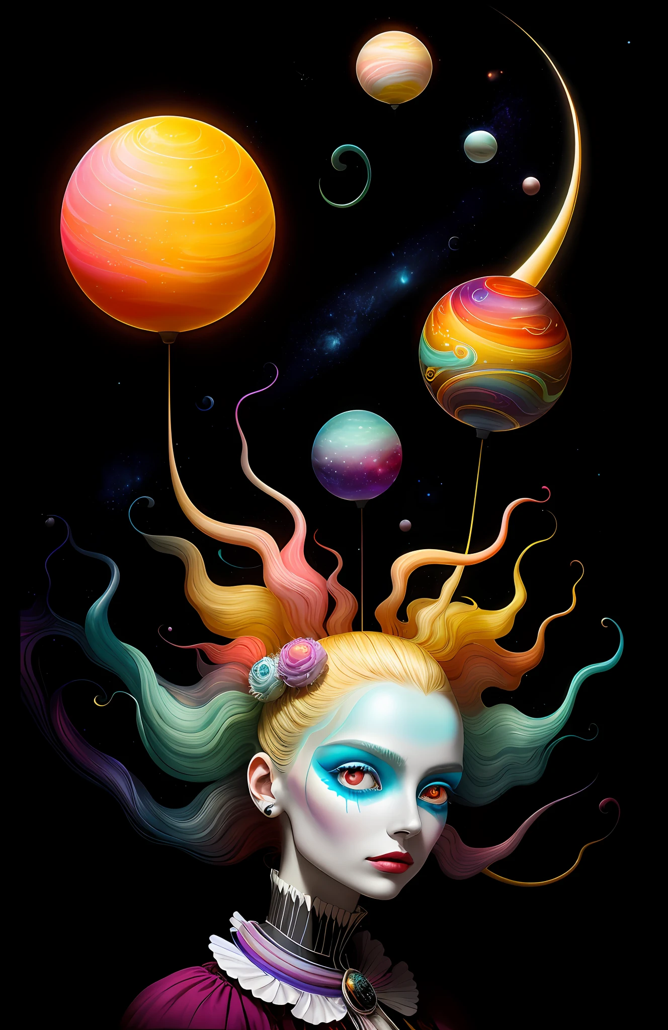 colorpop style, photo photo portrait of the sun surrounded by orbiting planetary moons, blonde pointy hair, natalie shau, mark ryden, alberto seveso, brooke shaden, anna dittmann, flora borsi, 8k resolution, perfect composition, milky way, rainbow color, flying insects, scales, wings, blue, texture, complex, gorgeous, shadow, pastel colors, 3d, Highly detailed, decorated in style, Tim Burton, Dale Chihuly, Xiaolongcheng, Cyril Rolando, by J. Gigue