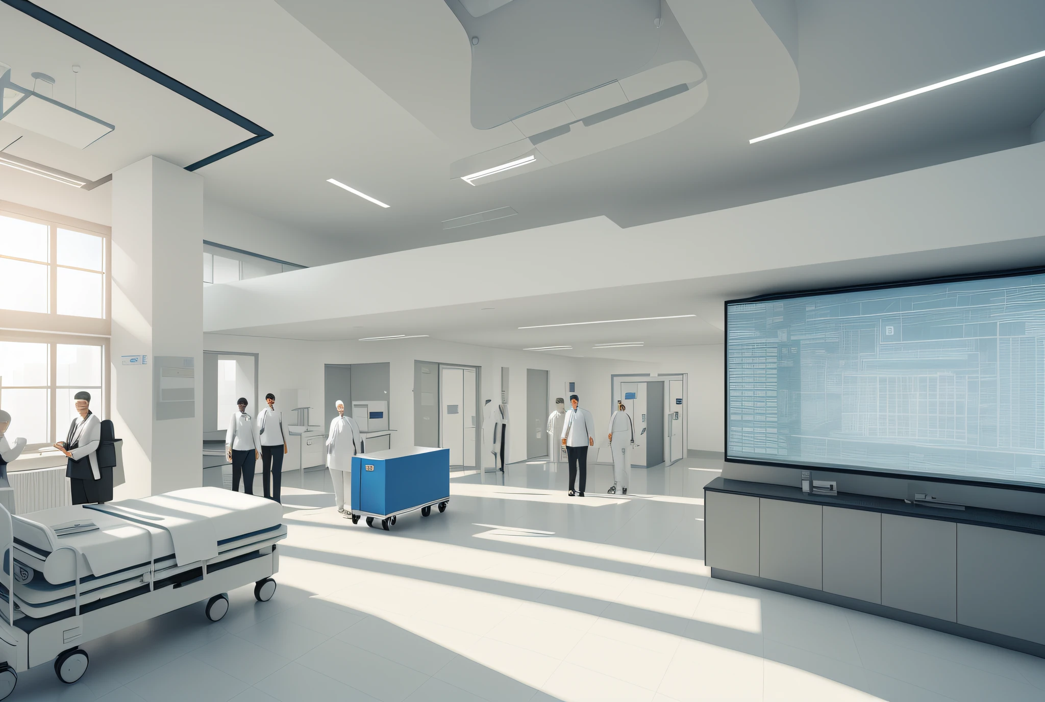 architecture design inside a hospital, with patients, 3d, realistic, artificial intelligence, futuristic