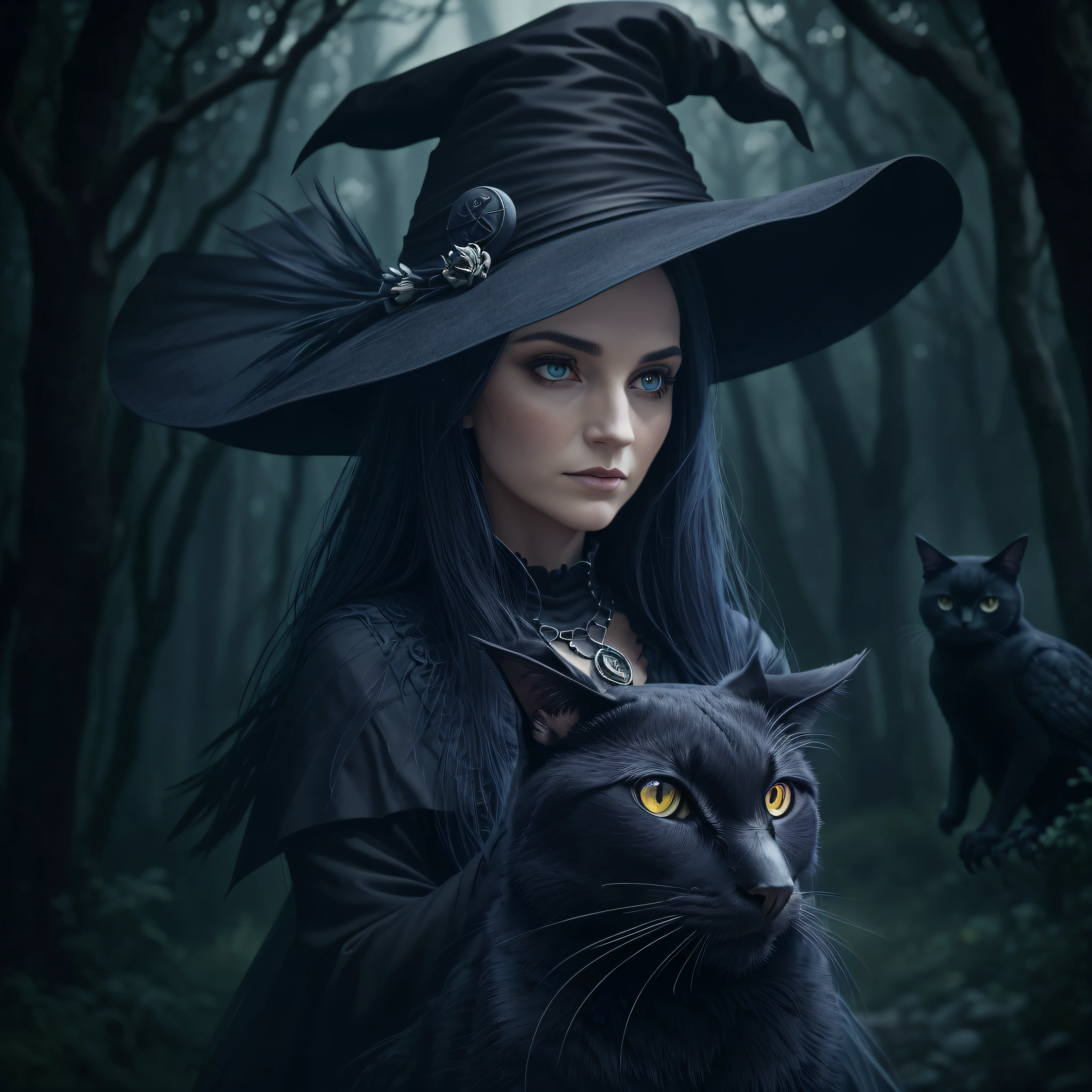 "Witch's Familiar": An image featuring a witch accompanied by her trusty familiar, such as a black cat, owl, or raven, showcasing their bond and highlighting the mystical connection between witches and their animal companions, Ultra realism, color field printing, high detail, UHD, 8k, anatomically correct, cinematic lighting 4d quality --auto --s2