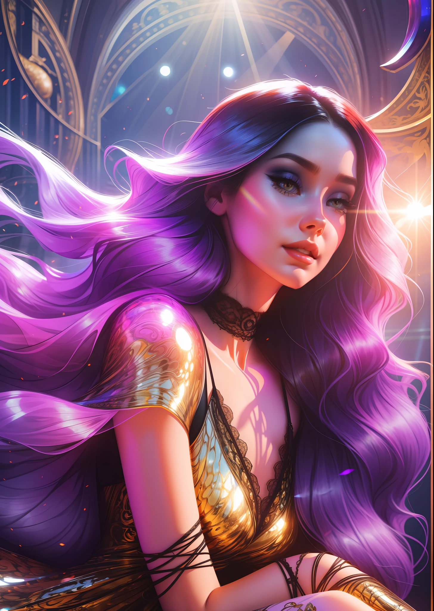 elegant lady, wearing a beautiful full body dress fantasy, black tranced hair, honey eyes, colorful, sun rays, portrait, close up, 8k, DSRL, cinematic, hot colors, nice body figure, anna dittmann, high definition, intricate, 3d, hdr, "midjourney quality", sharped, intricate, fantasy, WLOP, illustration, skin laces