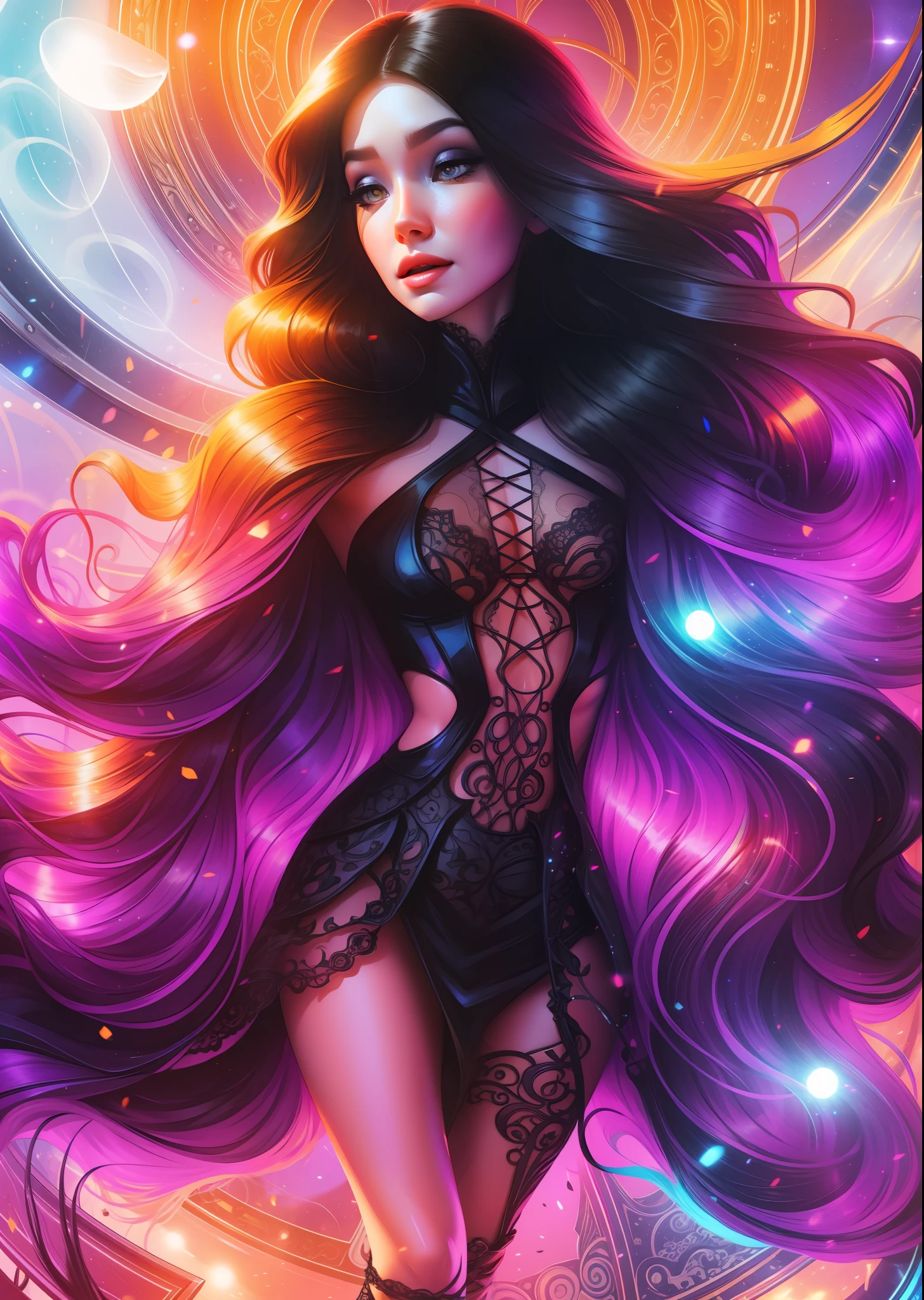 elegant lady, wearing a beautiful full body dress fantasy, black tranced hair, honey eyes, colorful, sun rays, portrait, close up, 8k, DSRL, cinematic, hot colors, nice body figure, anna dittmann, high definition, intricate, 3d, hdr, "midjourney quality", sharped, intricate, fantasy, WLOP, illustration, skin laces