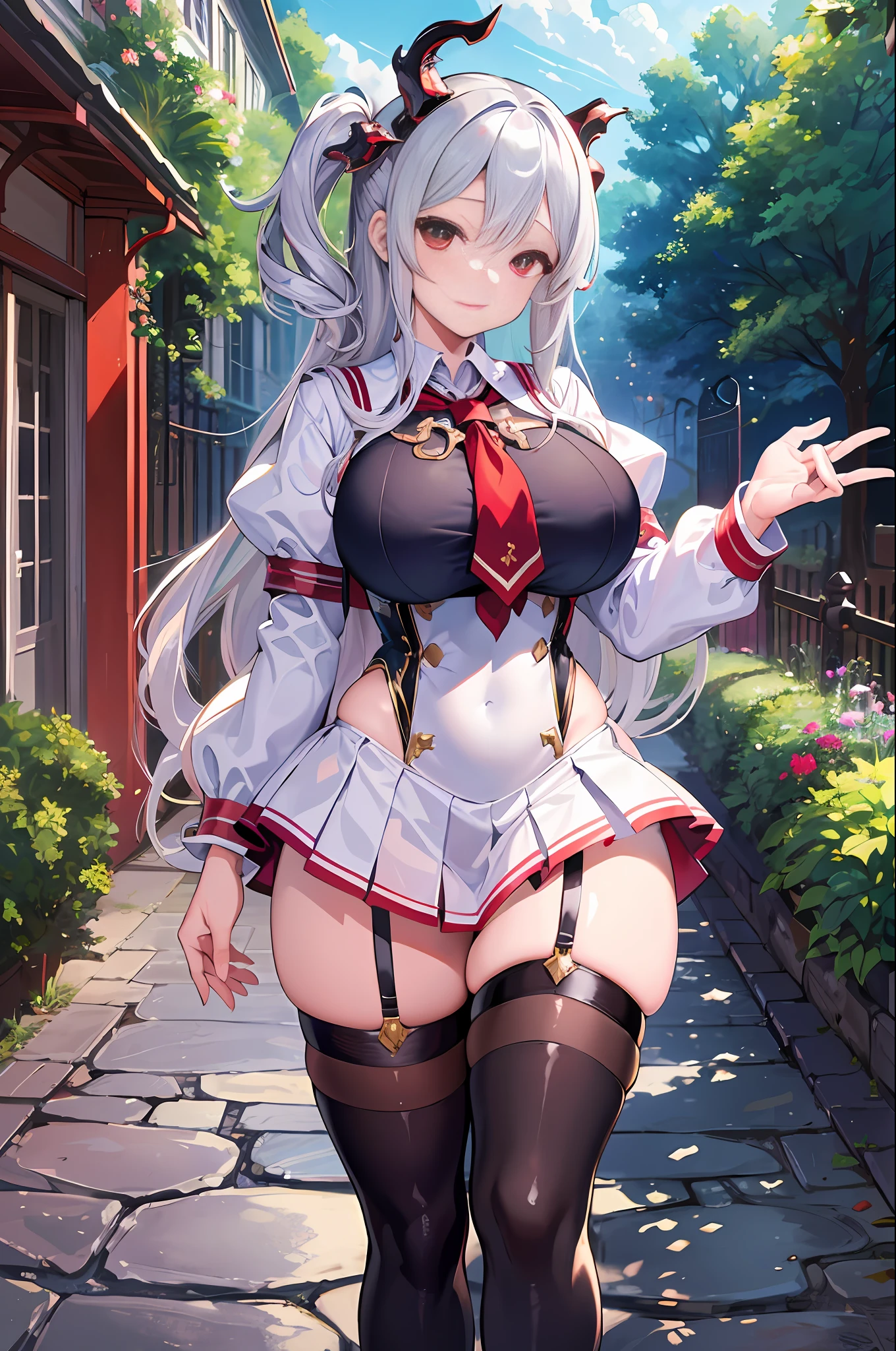 masterpiece, best quality, high_resolution, fine detail, very detailed and beautiful, distinct_image, 1 girl, solo, silver-haired, red eyes, dragon horns, (huge breasts), (kiss),(),curvy,sailor uniform school uniform,garden landscape,blue sky,thighhigh,