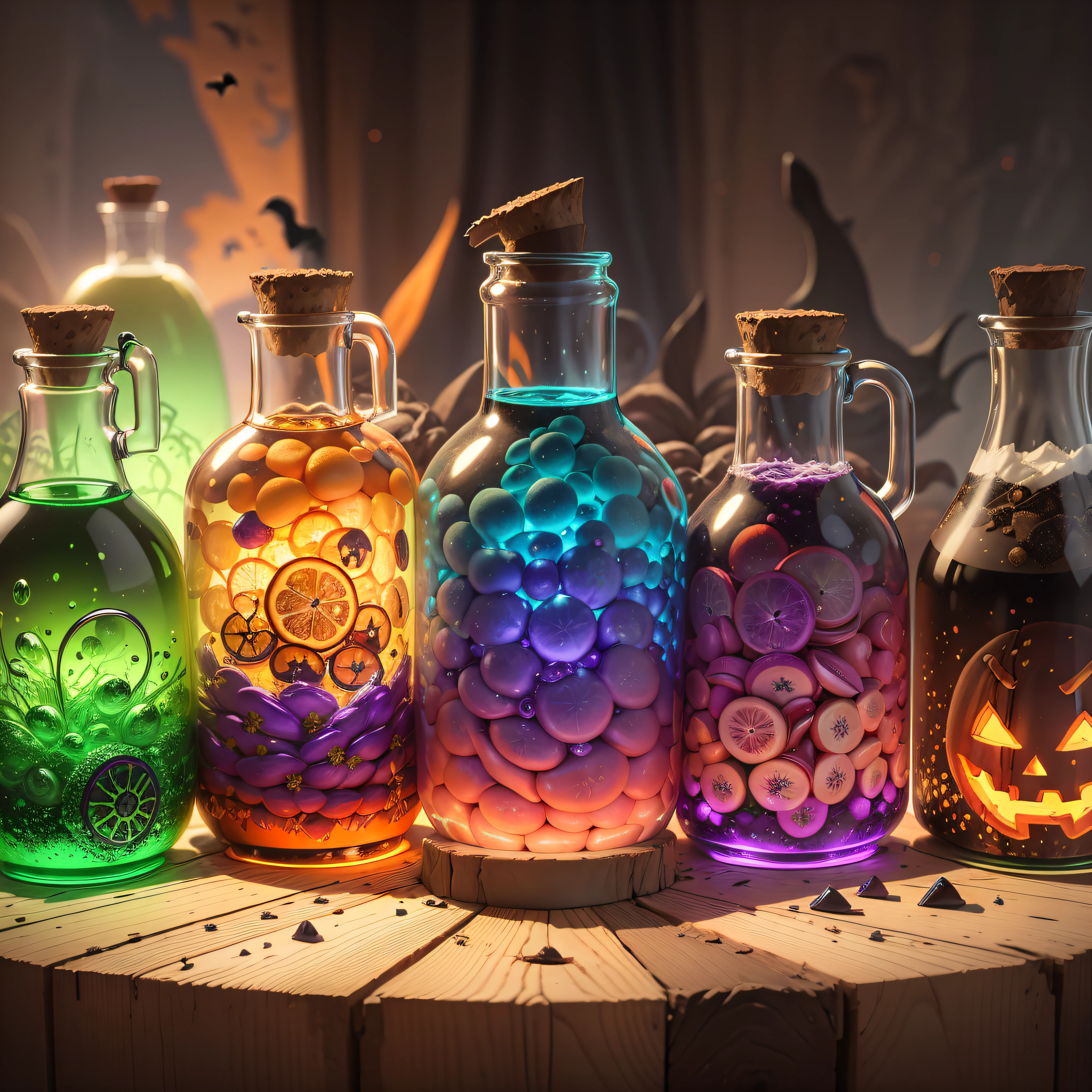 "Halloween Potions": An array of colorful potion bottles, each containing a different magical elixir, with swirling liquids and whimsical labels, representing the magical concoctions brewed by witches, Ultra realism, color field printing, high detail, UHD, 8k, anatomically correct, cinematic lighting 4d quality --auto --s2