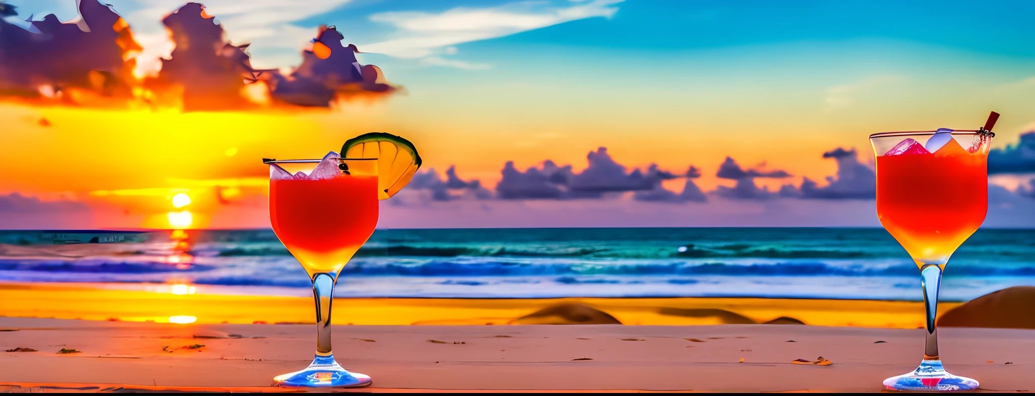 there are two glasses of caipirinha drinks on  the sand on the beach, paradise in the background, tropical beach paradise, which shows a beach at sunset, beach sunset background, sunset at the beach, relaxing on the beach at sunset, tropical paradise, sunset beach, tropical beach, beach bar, at the beach on a sunset, summer setting, nice sunset