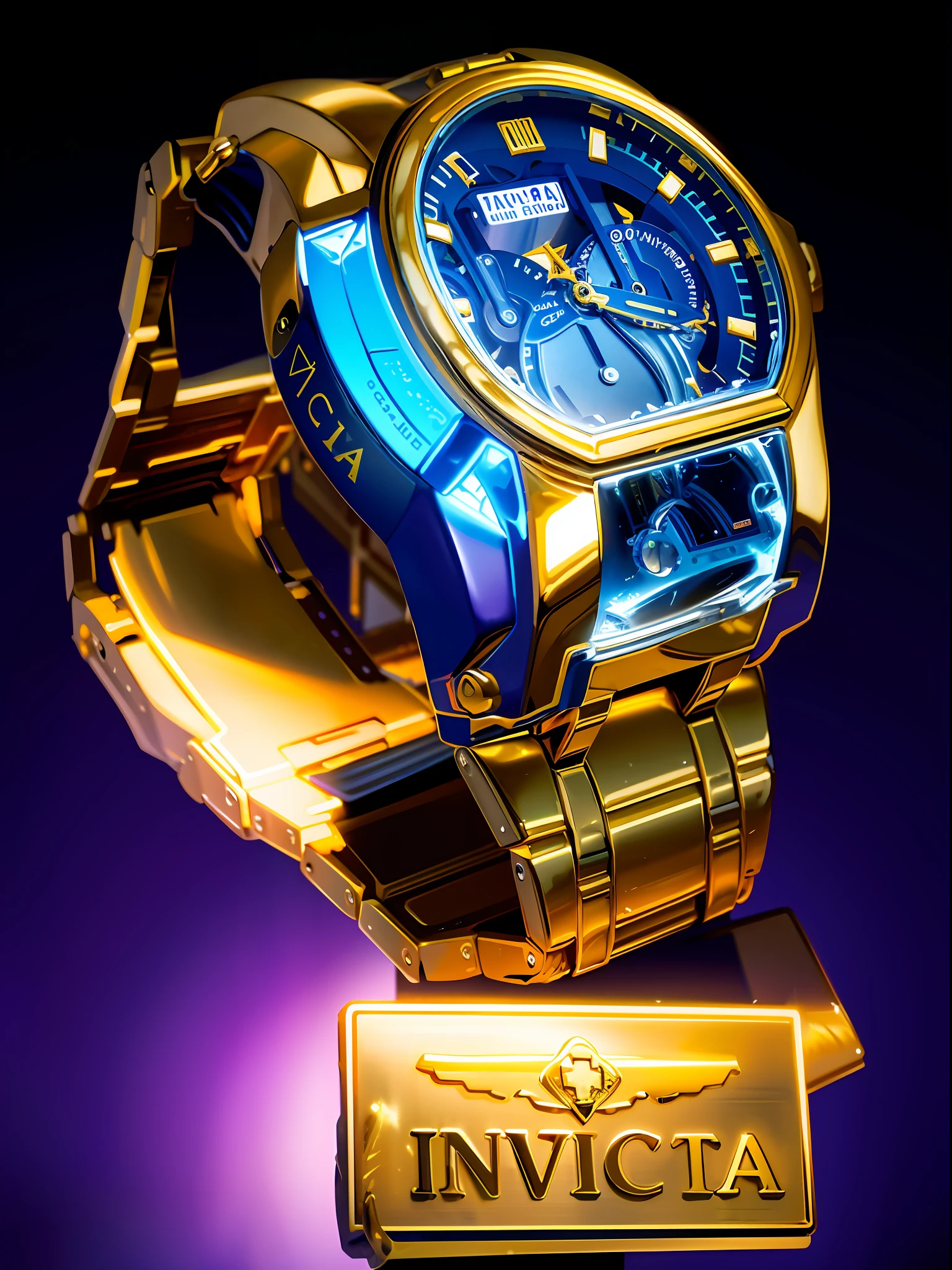 a close up of a watch on a metal stand with a sign, majestic masterpiece, god. dramatic gold blue lighting, cinematic blue and gold, magnificent design, masterpiece”, masterpiece ”, futuristic precious metals, high detail”, detailed image, ultra realistic”, ultra realistic ”, extreme view angle, highly realistic”, huge!!!, closeup shot, hyper detailed!!!, super realistic”