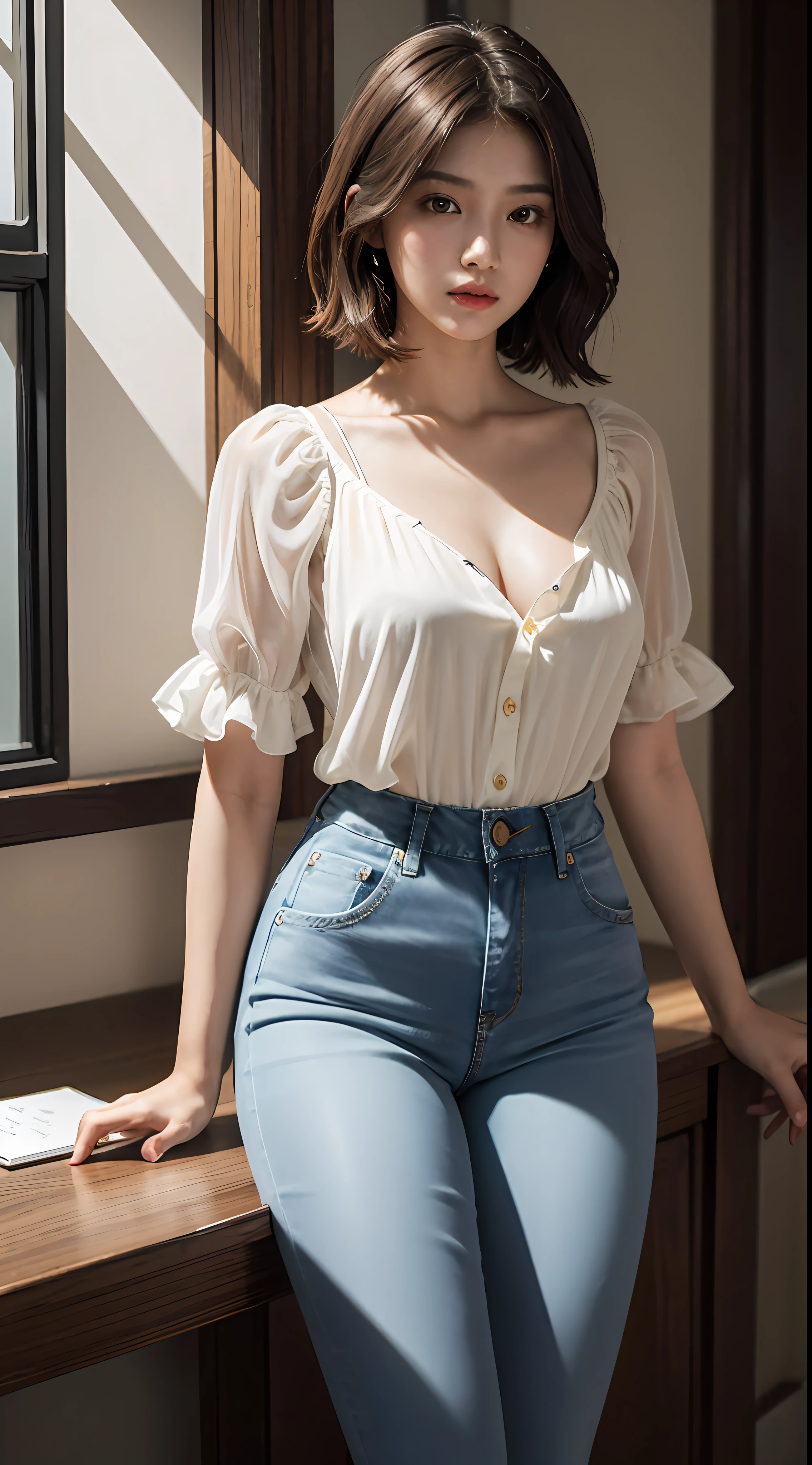 Superior Quality, Masterpiece, Ultra High Resolution, (Photorealistic: 1.4), Raw Photo, Deep Shadows, an Asian girl, wearing a white blouse and tight jeans, small breasts, short brown hair, yellow eyes, in a room, holding a cell phone, neckline