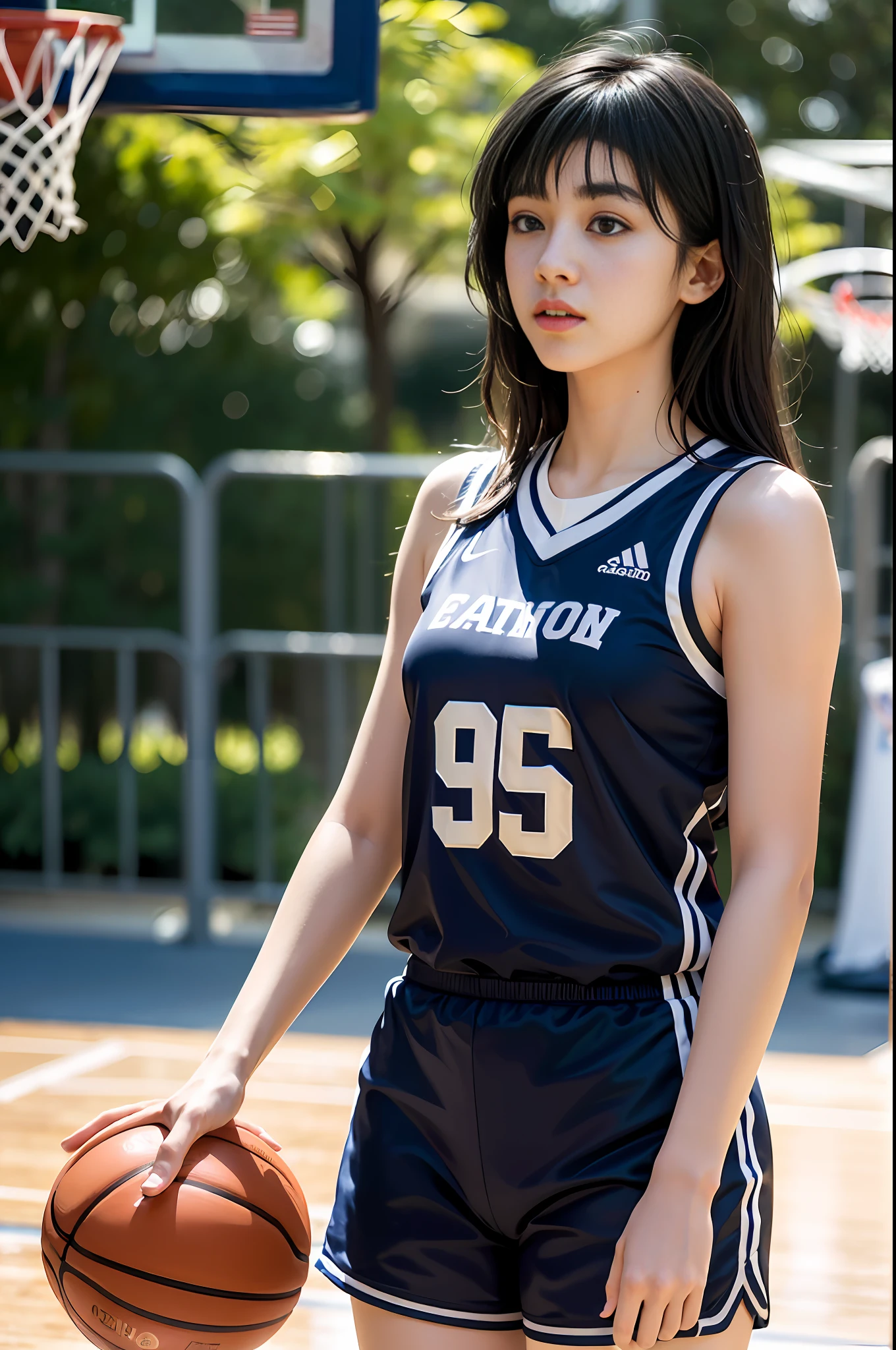 (8k, Best Quality, Masterpiece: 1.2), (Realistic, Realistic: 1.37), Ultra Detailed, Best Quality, Ultra High Resolution, Professional Lighting, Photon Mapping, Radiosity, Physically Based Rendering, Cinematic Lighting, Basketball court, depth of field, clear focus, sunlight, good composition, (bokeh: 1.2) 1girl, solo, (full body), (closed mouth), beautiful and detailed eyes, pose, narrow waist, basketball uniform, black hair , messy hair, long hair blowing in the wind, (ulzzang-6500:1.2) mix4, hiqcgbody