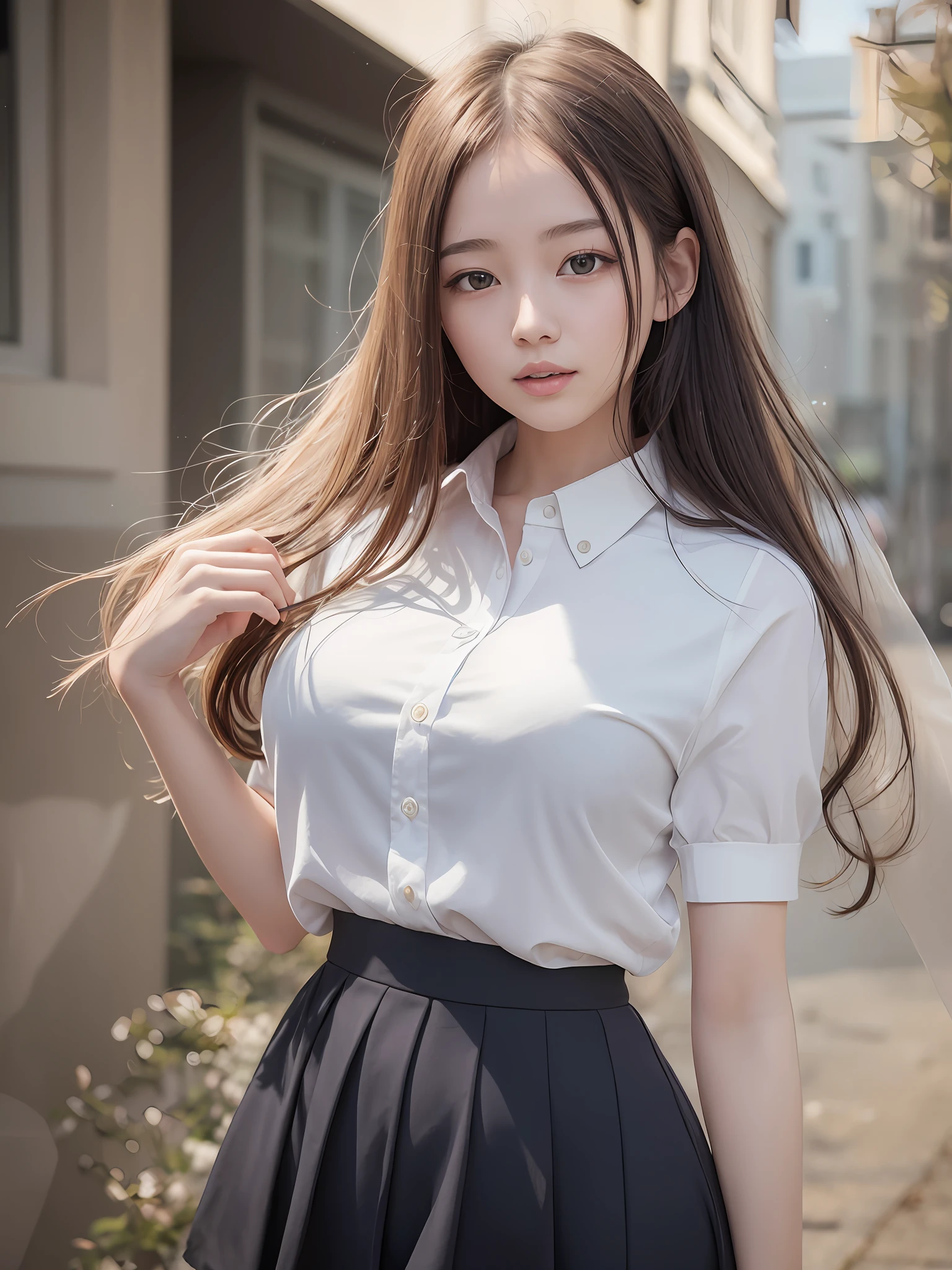 Masterpiece, top quality, official art, highly detailed CG Unity 8K wallpaper, like a schoolgirl, very delicate and beautiful, ultra high resolution, (photorealistic: 1.4), golden hour lighting, (upper body), (platinum shorthair: 0.8), (puffy eyes), looking at the viewer, facing the front, smiling, JK skirt, white dress, Shirt Lift Long Black Hair