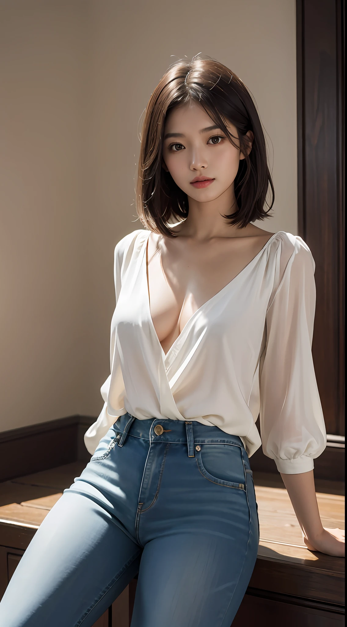 Superior Quality, Masterpiece, Ultra High Resolution, (Photorealistic: 1.4), Raw Photo, Deep Shadows, an Asian girl, wearing a white blouse and tight jeans, small breasts, short brown hair, yellow eyes, in a room, neckline