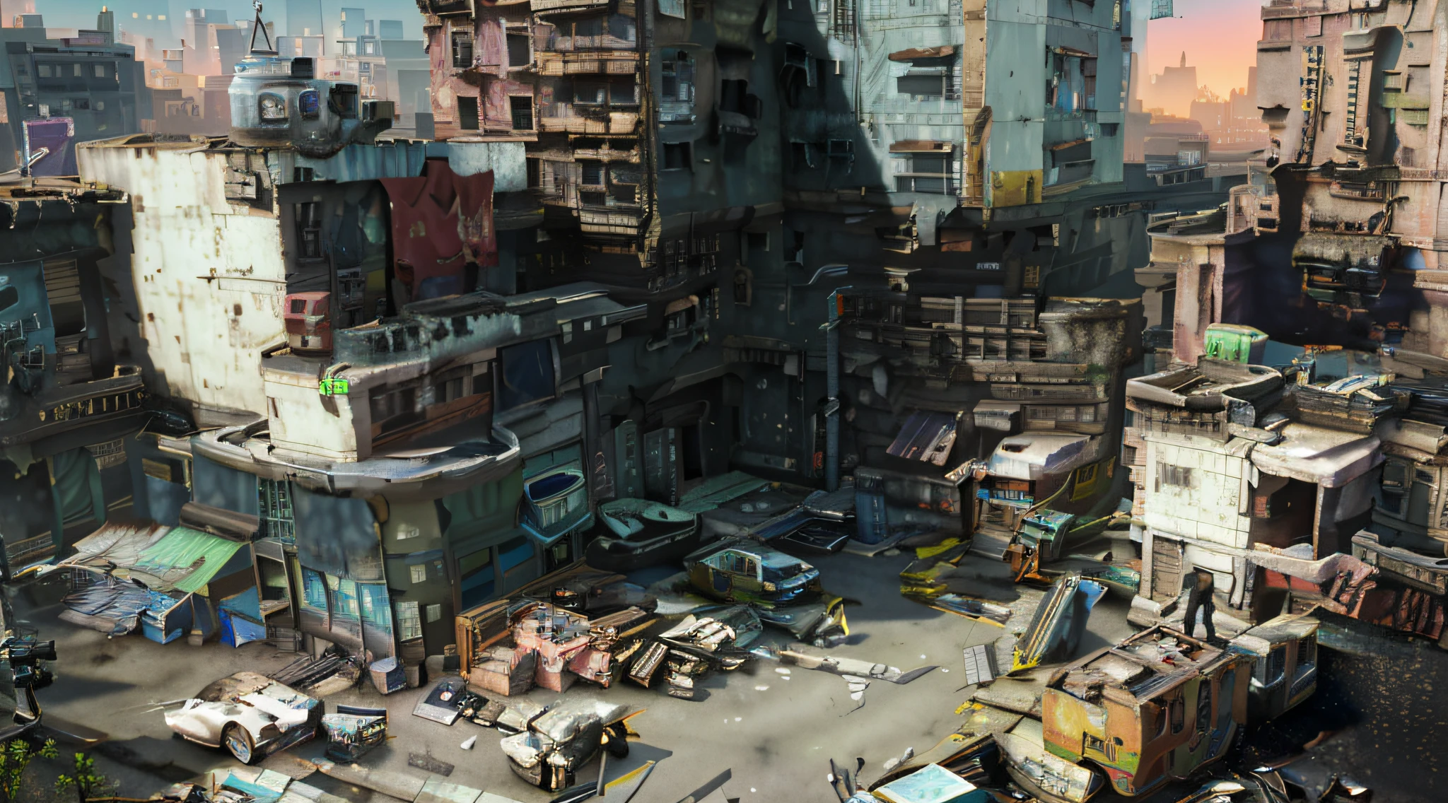 Photorealistic photos, ultra-clear detail, resident evil, buildings stacked dirty cyberpunk cities, highly realistic Unreal Engine renderings