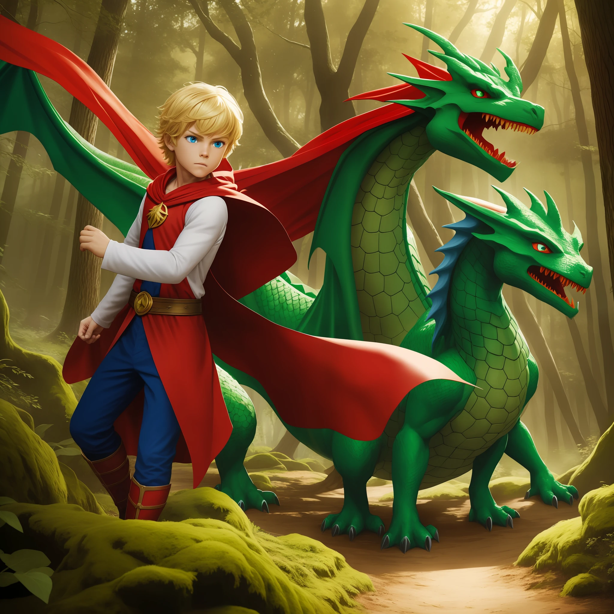 Hero-type character,in altar quality with red cape,blonde hair,blue eye,for children's book story with title The Little Hero of the Toy Kingdom(in a forest)large trees (fighting with a big green dragon) with high image quality