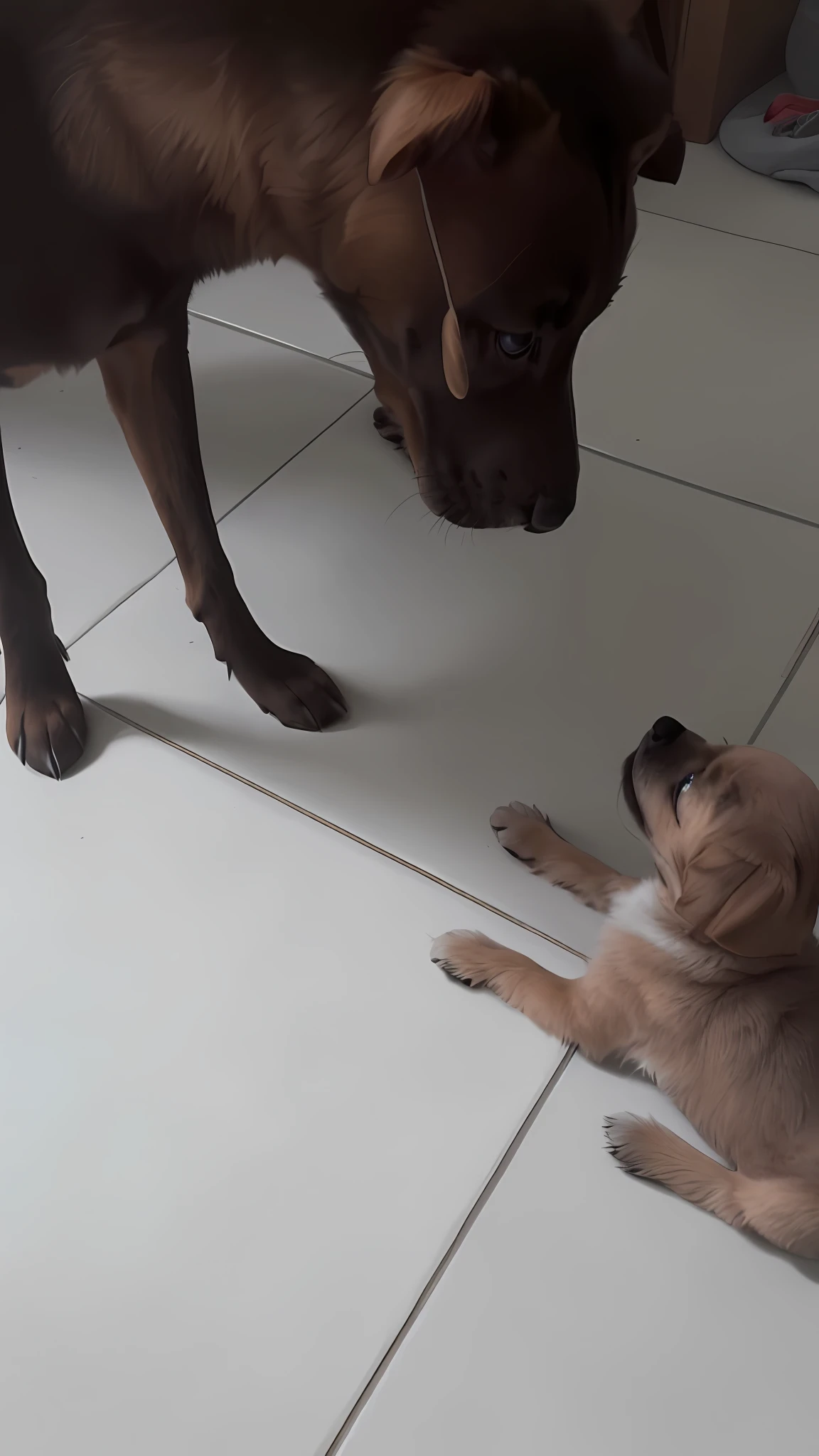 There's a dog that's looking at a puppy that's lying down, big and small, the air is being pushed around it, cat and dog licking each other, with their hyperactive puppy, r/aww, thought-provoking, focus on their foot, tall and small, making eye contact, aw, two dogs --auto --s2