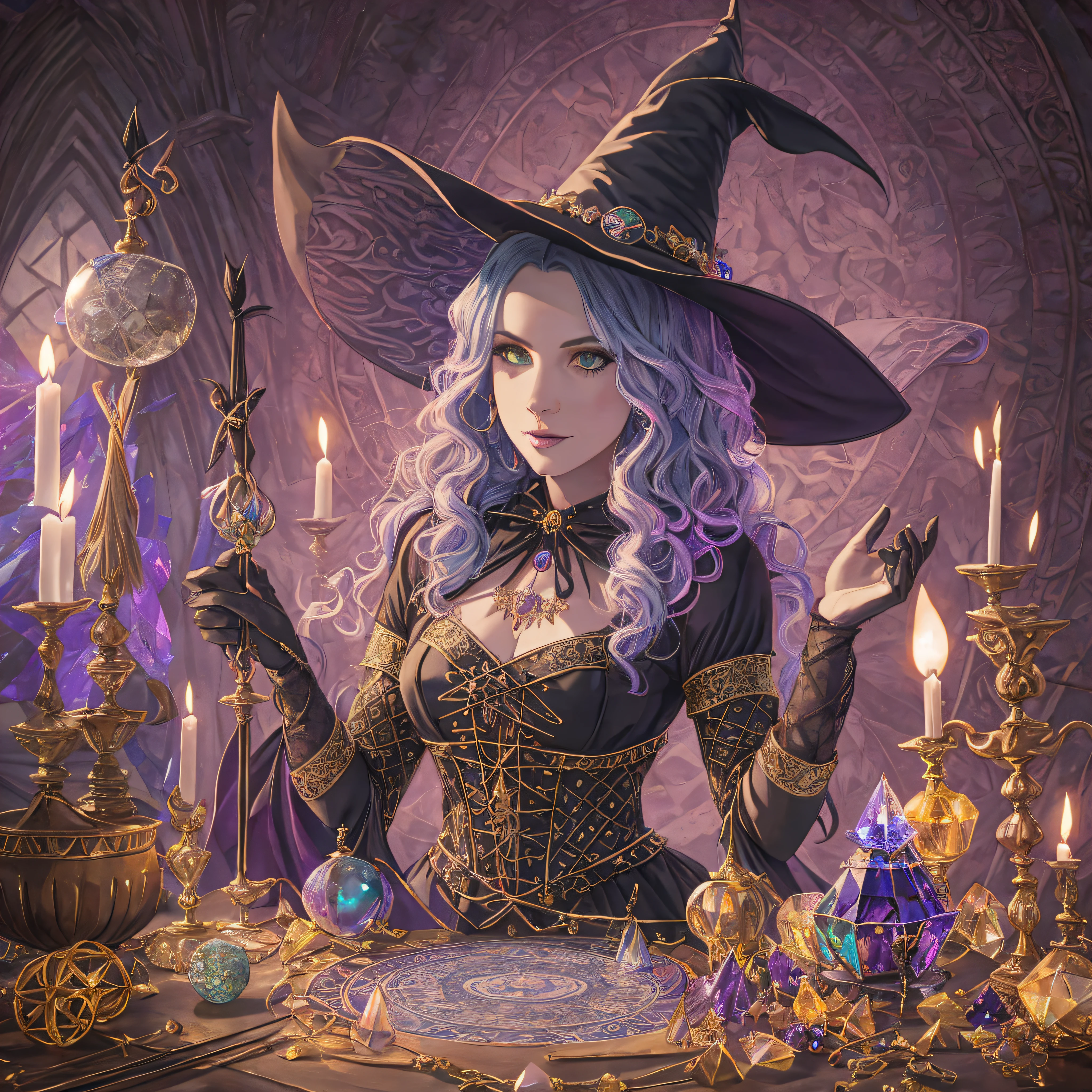 "Witchy Accessories": An illustration showcasing the iconic accessories of witches, including a pointed hat, broomstick, cauldron, and crystal ball, arranged in a visually appealing composition, Ultra realism, color field printing, high detail, UHD, 8k, anatomically correct, cinematic lighting 4d quality --auto --s2