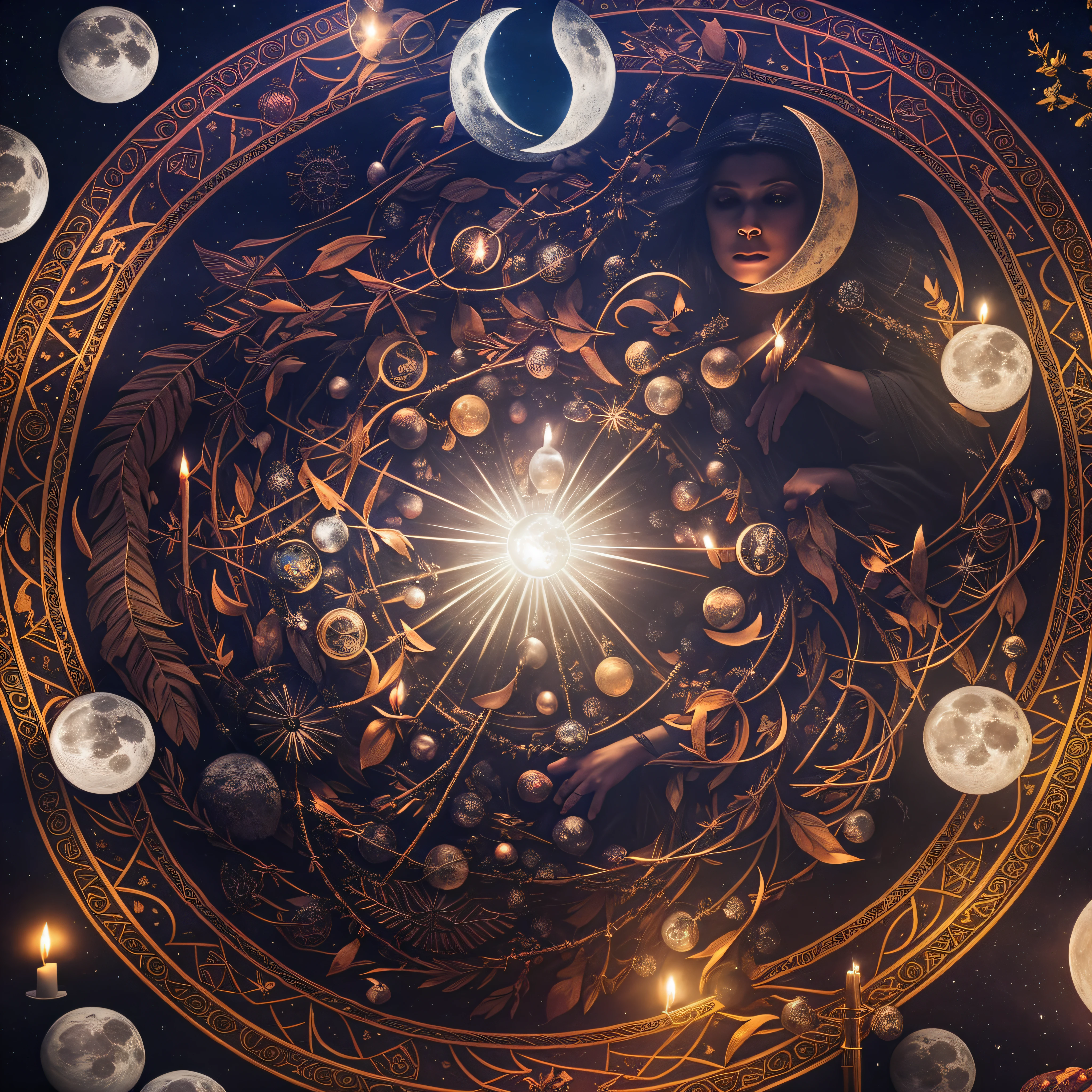 "Moonlit Ritual": A mystical scene capturing a witch performing a ritual under the light of the full moon, surrounded by candles, crystals, and ancient symbols, creating an atmosphere of mystery and enchantment, Ultra realism, color field printing, high detail, UHD, 8k, anatomically correct, cinematic lighting 4d quality --auto --s2