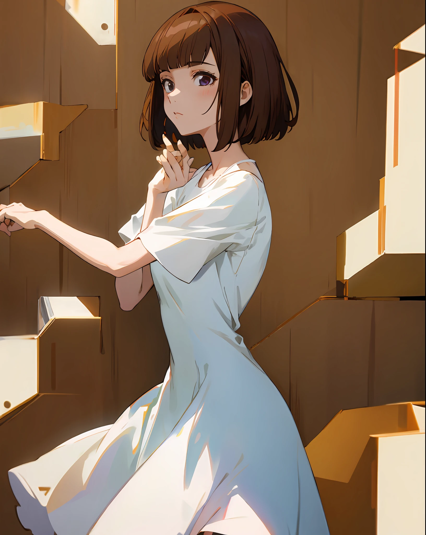 1 girl, brown hair, short hair, brunette, white dress, high quality