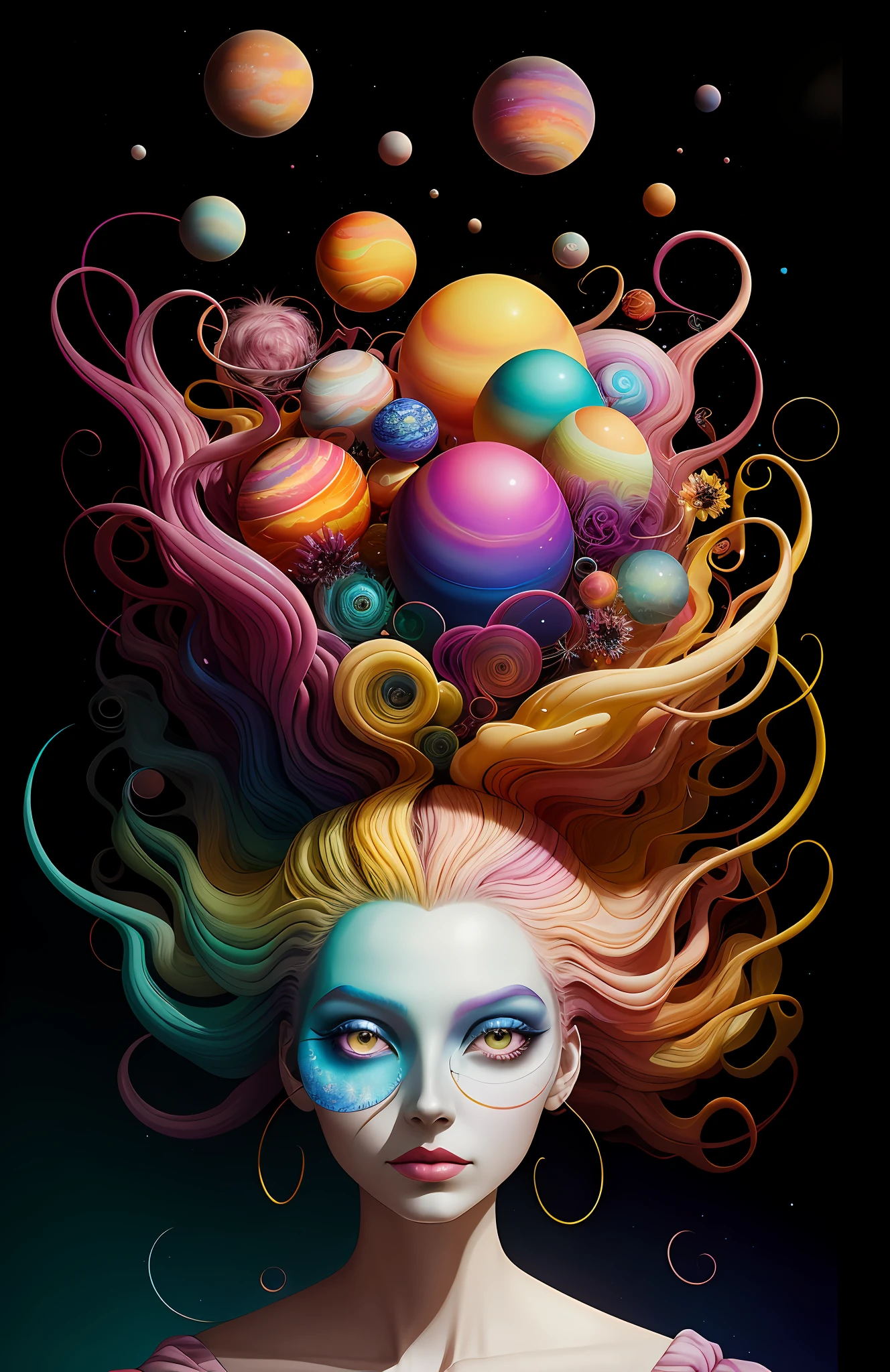 colorpop style, photo photo portrait of the sun surrounded by orbiting planetary moons, blonde pointy hair, natalie shau, mark ryden, alberto seveso, brooke shaden, anna dittmann, flora borsi, 8k resolution, perfect composition, milky way, rainbow color, flying insects, scales, wings, blue, texture, complex, gorgeous, shadow, pastel colors, 3d, Highly detailed, decorated in style, Tim Burton, Dale Chihuly, Xiaolongcheng, Cyril Rolando, by J. Gigue